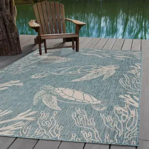 Sevita Aqua/White Tropical Turtle Reef Indoor Outdoor Rug