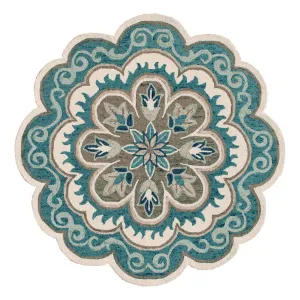 Sevita Dana Aqua Blue/Gray Bohemian Medallion Hand-Tufted Wool Round Rug