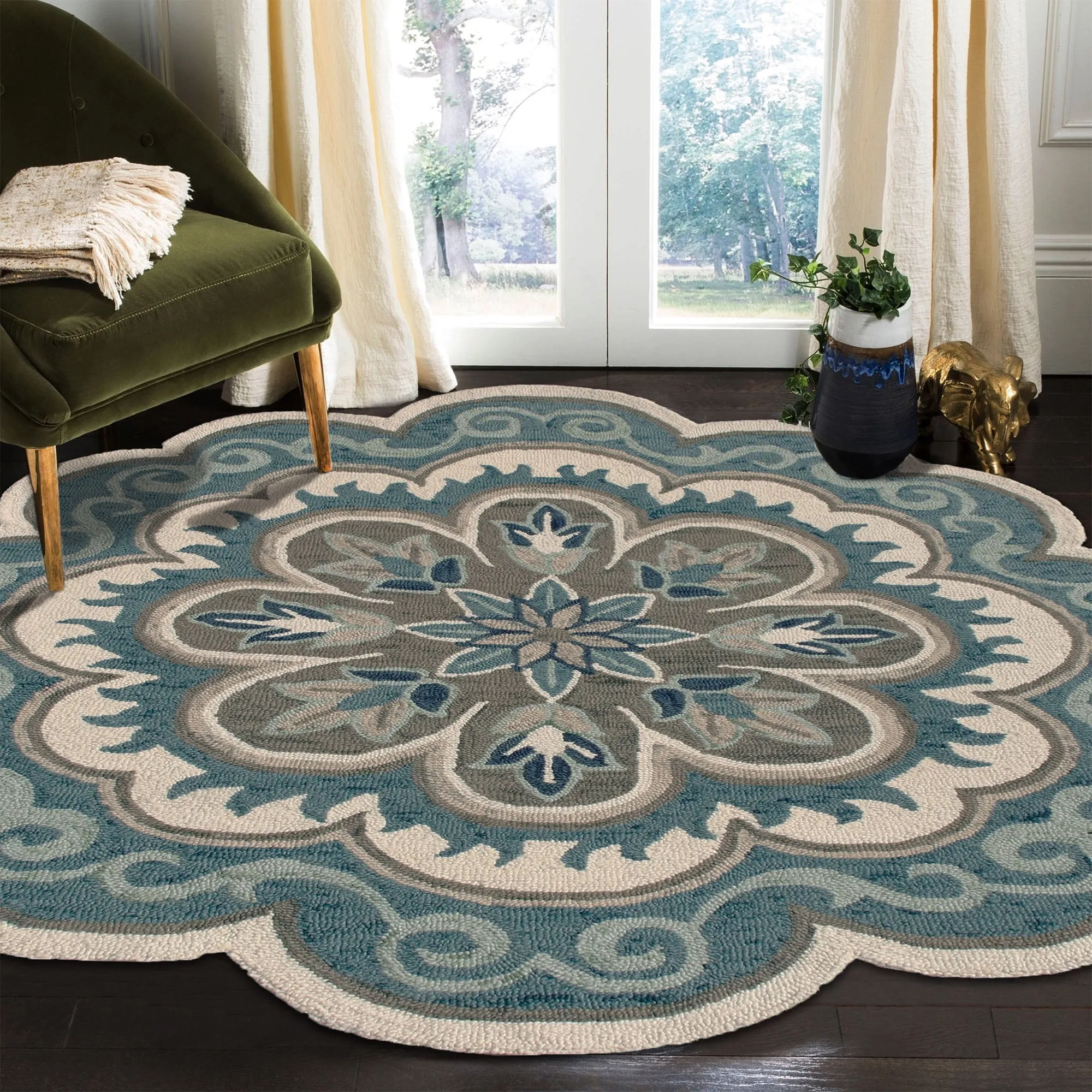 Sevita Dana Aqua Blue/Gray Bohemian Medallion Hand-Tufted Wool Round Rug