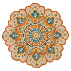 Sevita Dana Rust/Aqua Blue Bohemian Floral Hand-Tufted Wool Round Rug