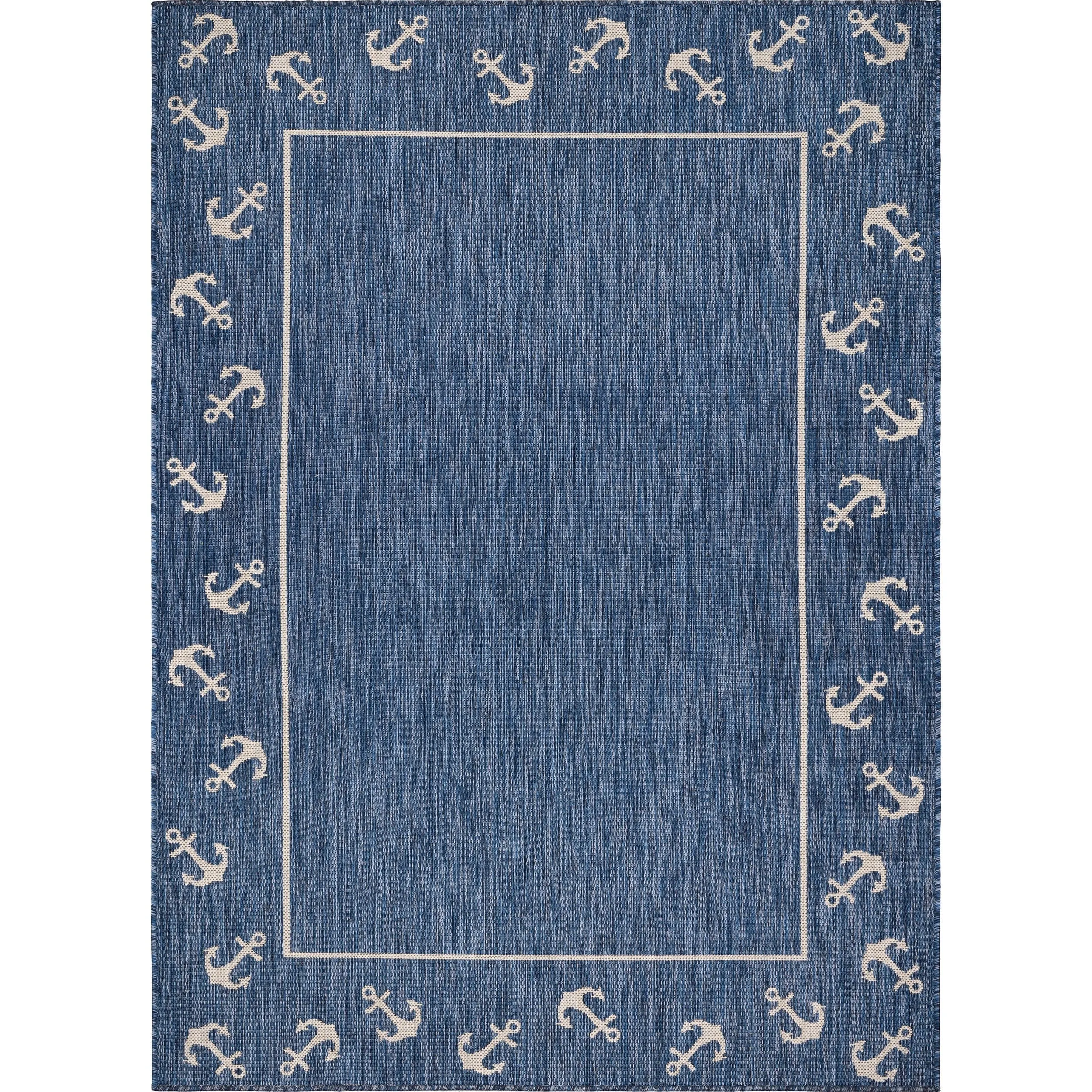 Sevita Navy Blue/White Nautical Anchor Border Indoor Outdoor Rug
