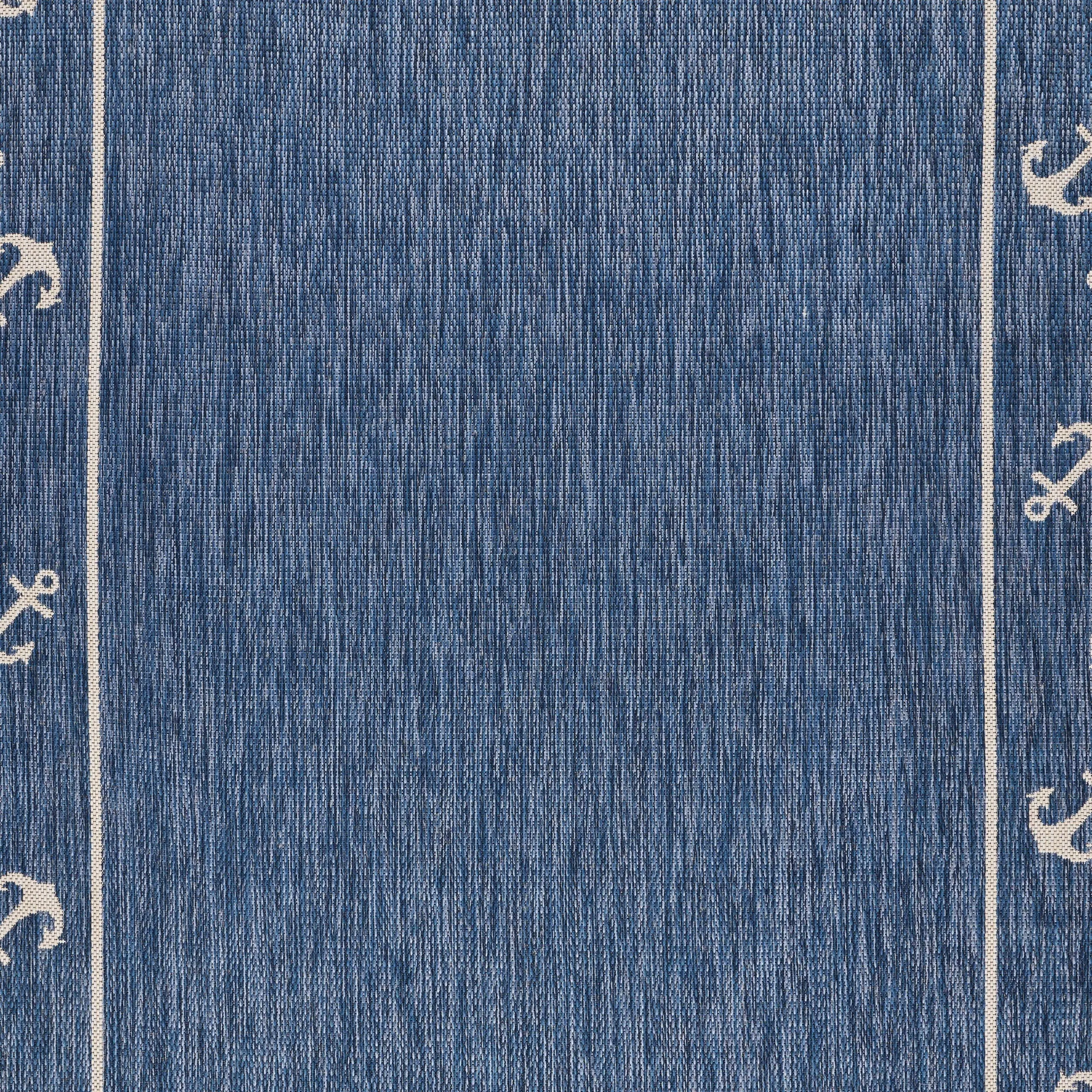 Sevita Navy Blue/White Nautical Anchor Border Indoor Outdoor Rug