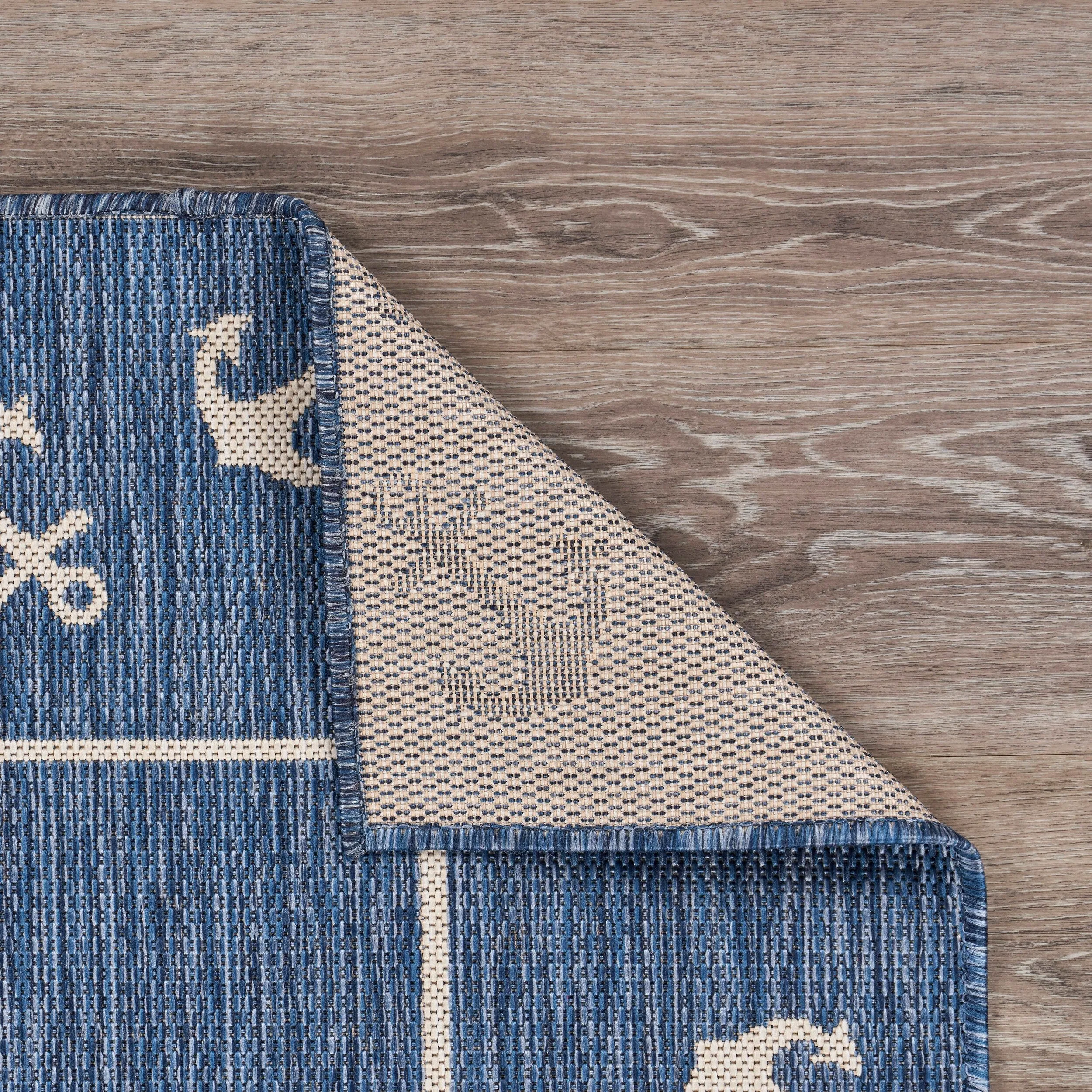 Sevita Navy Blue/White Nautical Anchor Border Indoor Outdoor Rug