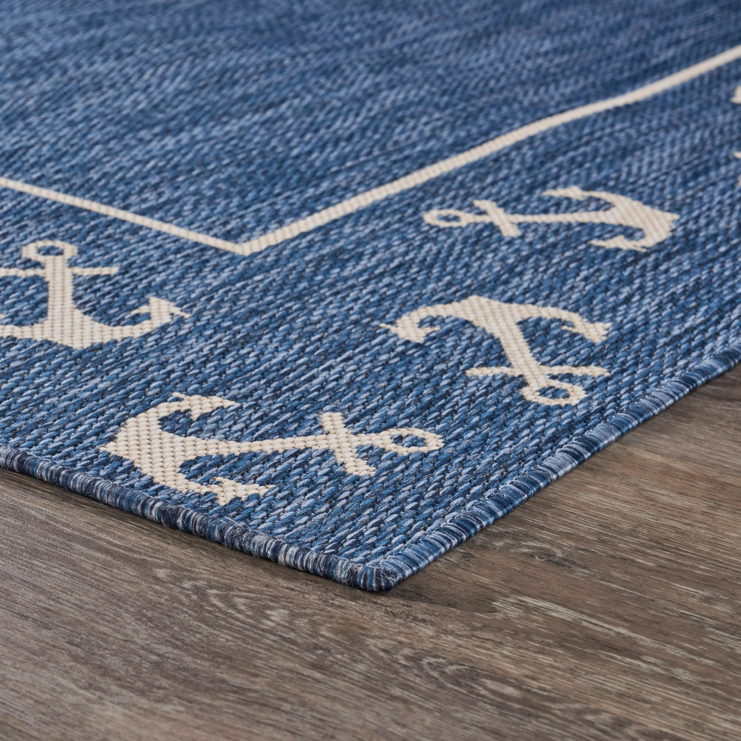 Sevita Navy Blue/White Nautical Anchor Border Indoor Outdoor Rug
