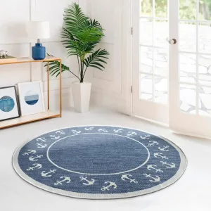 Sevita Navy Blue/White Nautical Anchor Border Indoor Outdoor Rug