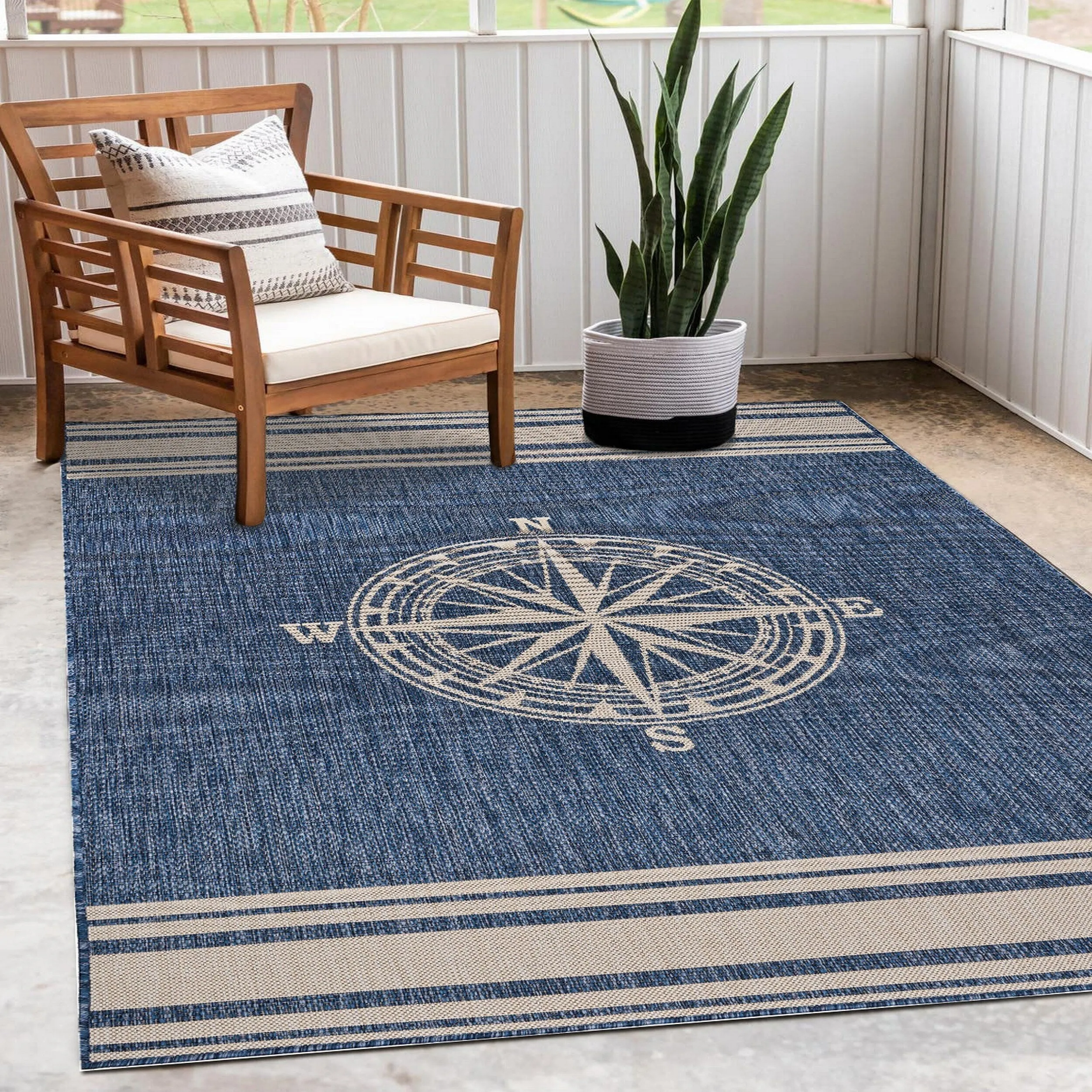 Sevita Navy Blue/White Nautical Navigation Indoor Outdoor Rug