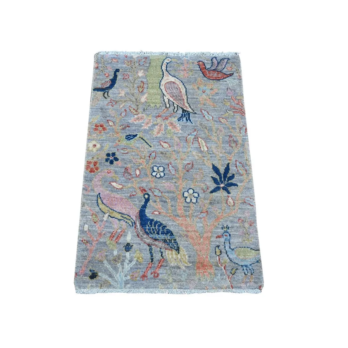 Shahbanu Rugs Cloudy Gray Hand Knotted High Grade Wool Afghan Peshawar with Birds of Paradise Design Mat Oriental Rug (2'x3')