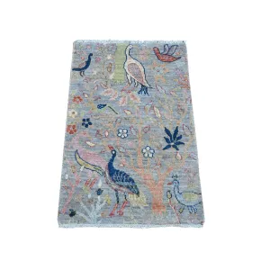 Shahbanu Rugs Cloudy Gray Hand Knotted High Grade Wool Afghan Peshawar with Birds of Paradise Design Mat Oriental Rug (2'x3')
