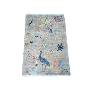 Shahbanu Rugs Oxford Gray All Wool Afghan Peshawar with Birds of Paradise Design Hand Knotted Mat Oriental Rug (2'1x3')