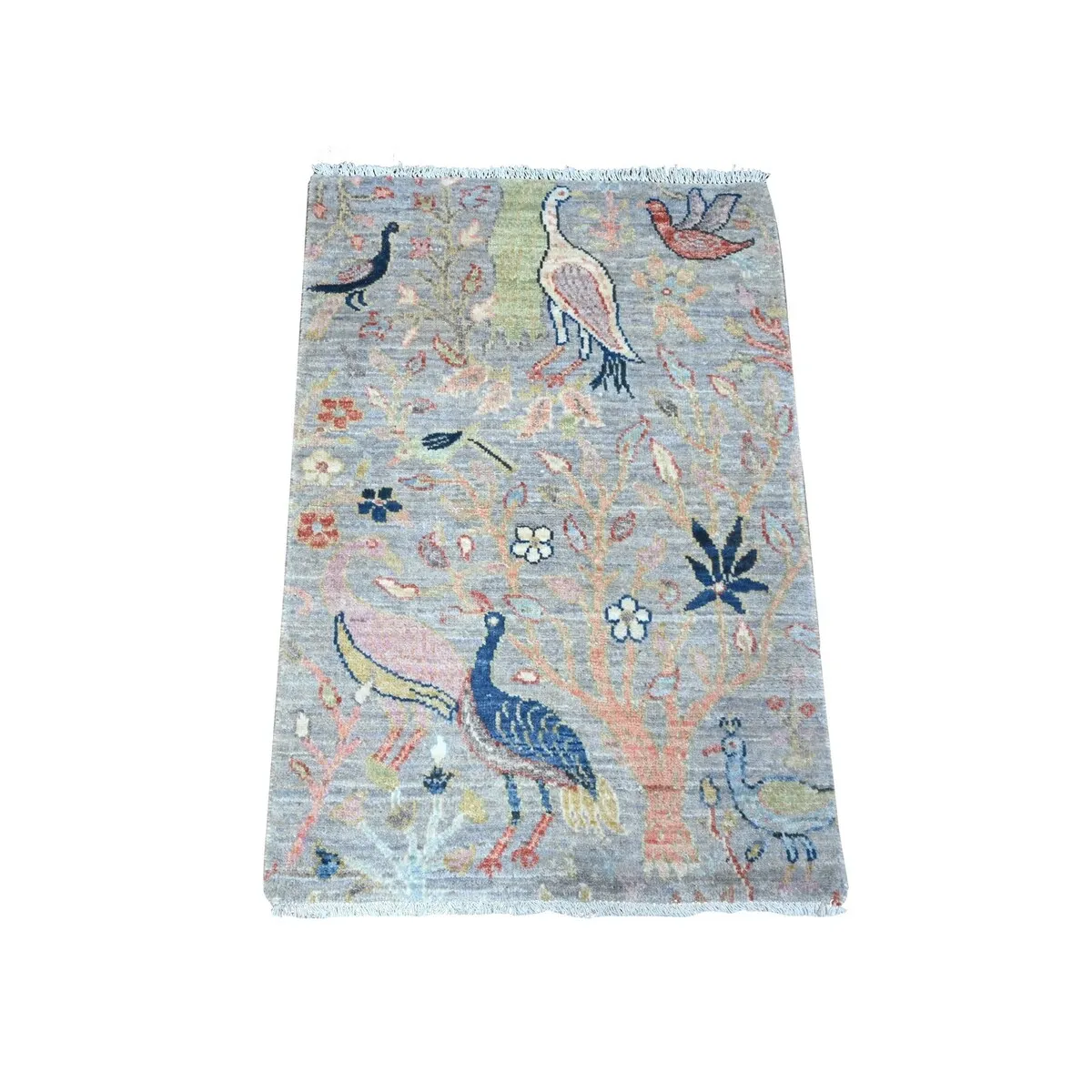 Shahbanu Rugs Oxford Gray All Wool Afghan Peshawar with Birds of Paradise Design Hand Knotted Mat Oriental Rug (2'1x3')