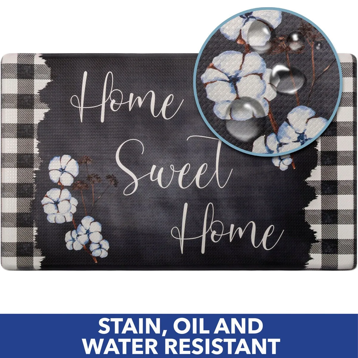 SoHome Cozy Living Home Sweet Home Buffalo Check Border Anti-Fatigue Kitchen Mat. Black/White