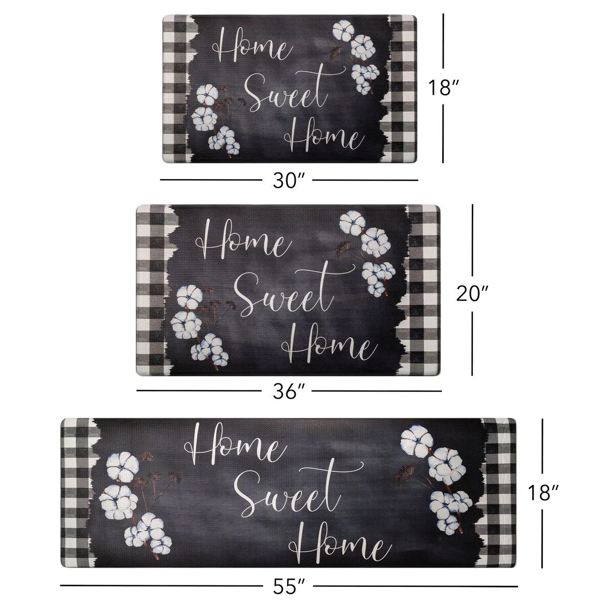 SoHome Cozy Living Home Sweet Home Buffalo Check Border Anti-Fatigue Kitchen Mat. Black/White