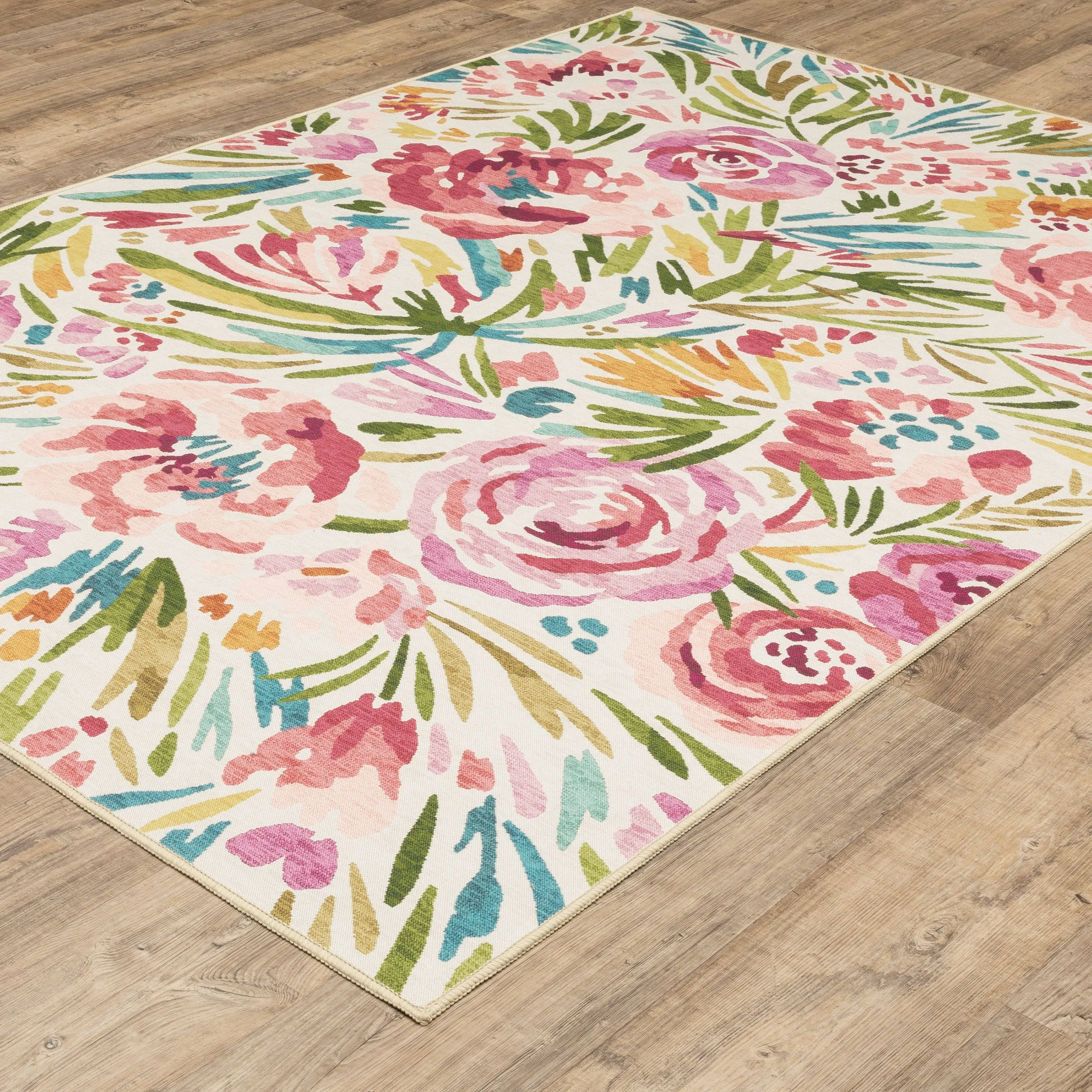 Style Haven Flores Bouquet Beige/Pink Indoor-Outdoor Washable Rug