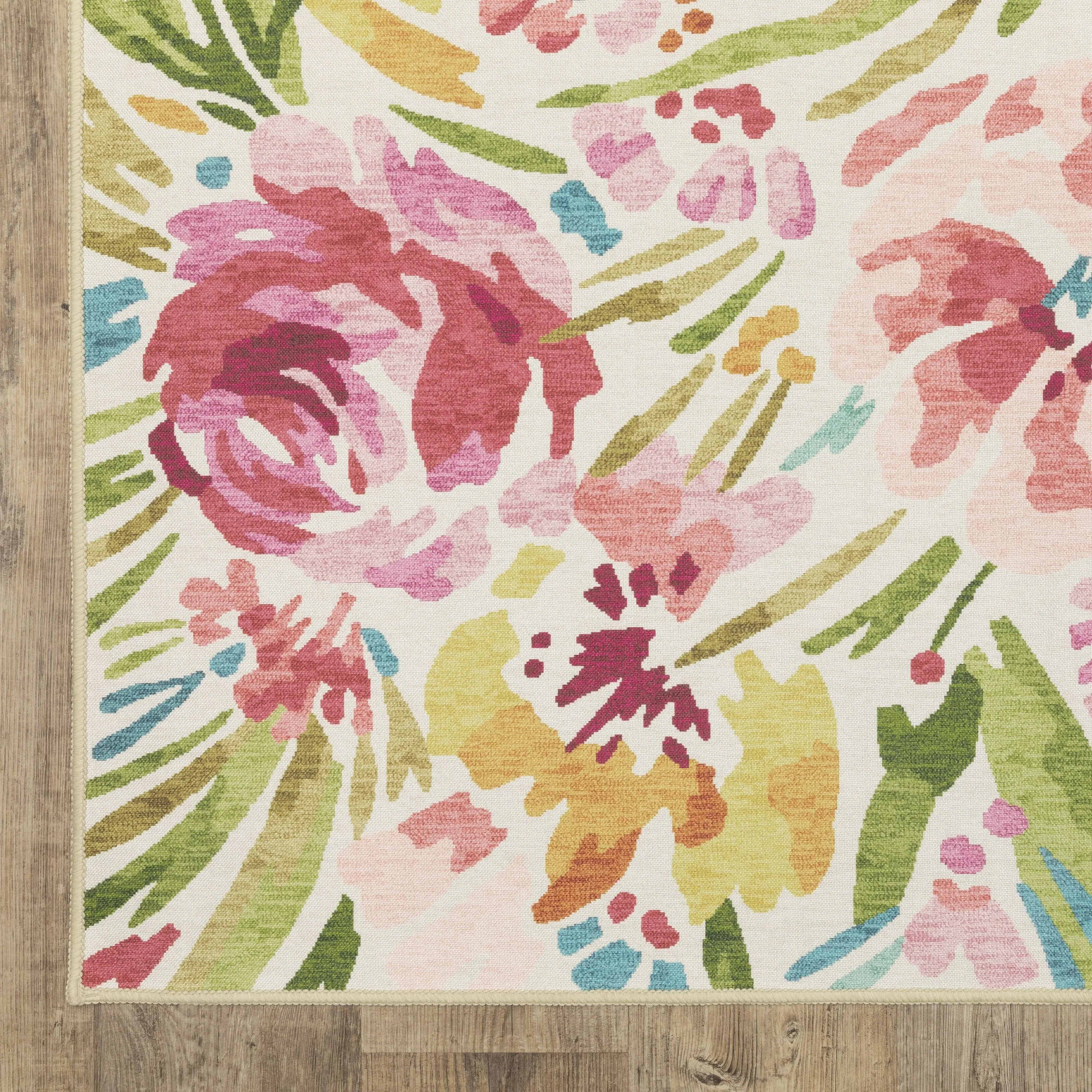 Style Haven Flores Bouquet Beige/Pink Indoor-Outdoor Washable Rug