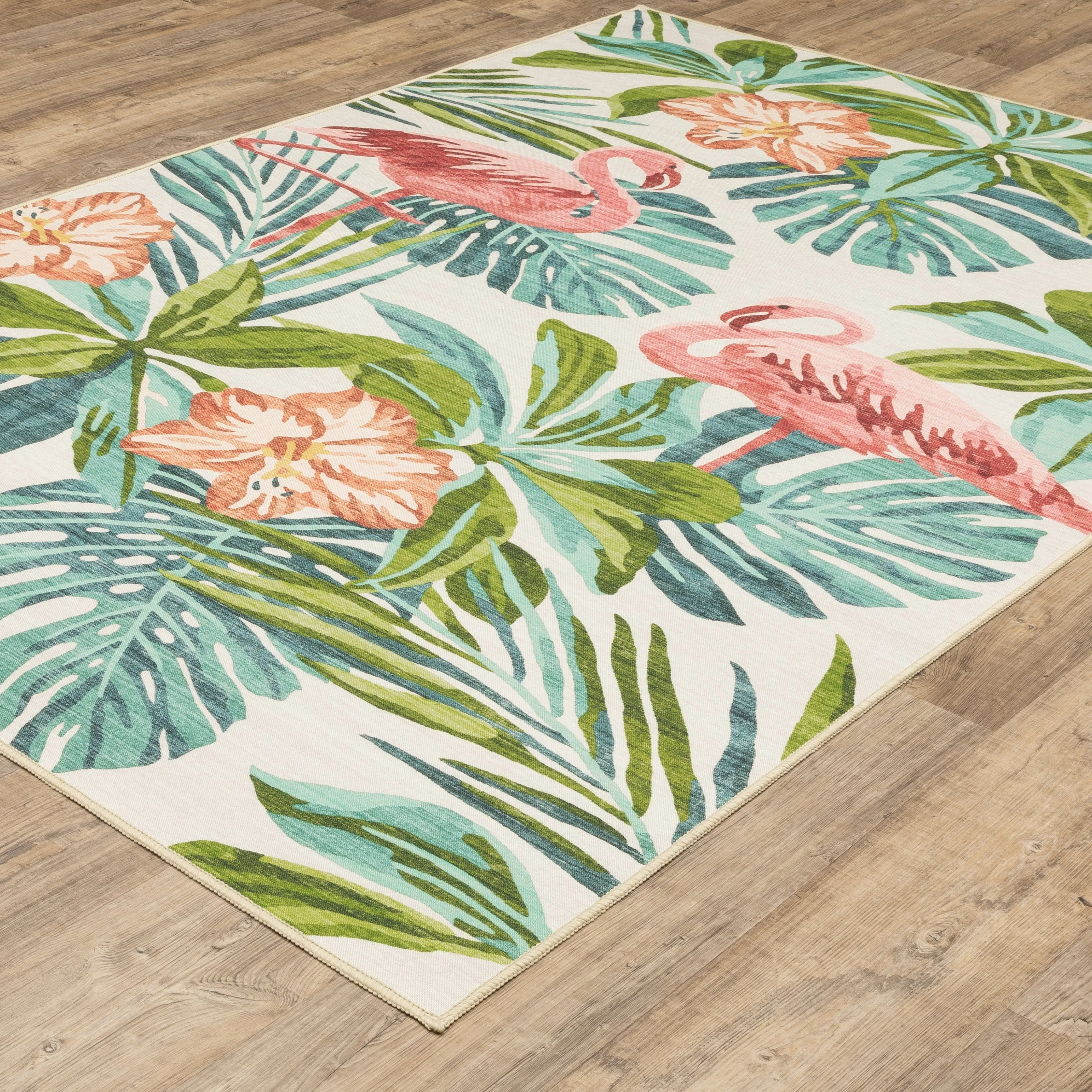 Style Haven Flores Flamingo Palms Salmon/Blue Indoor-Outdoor Washable Rug