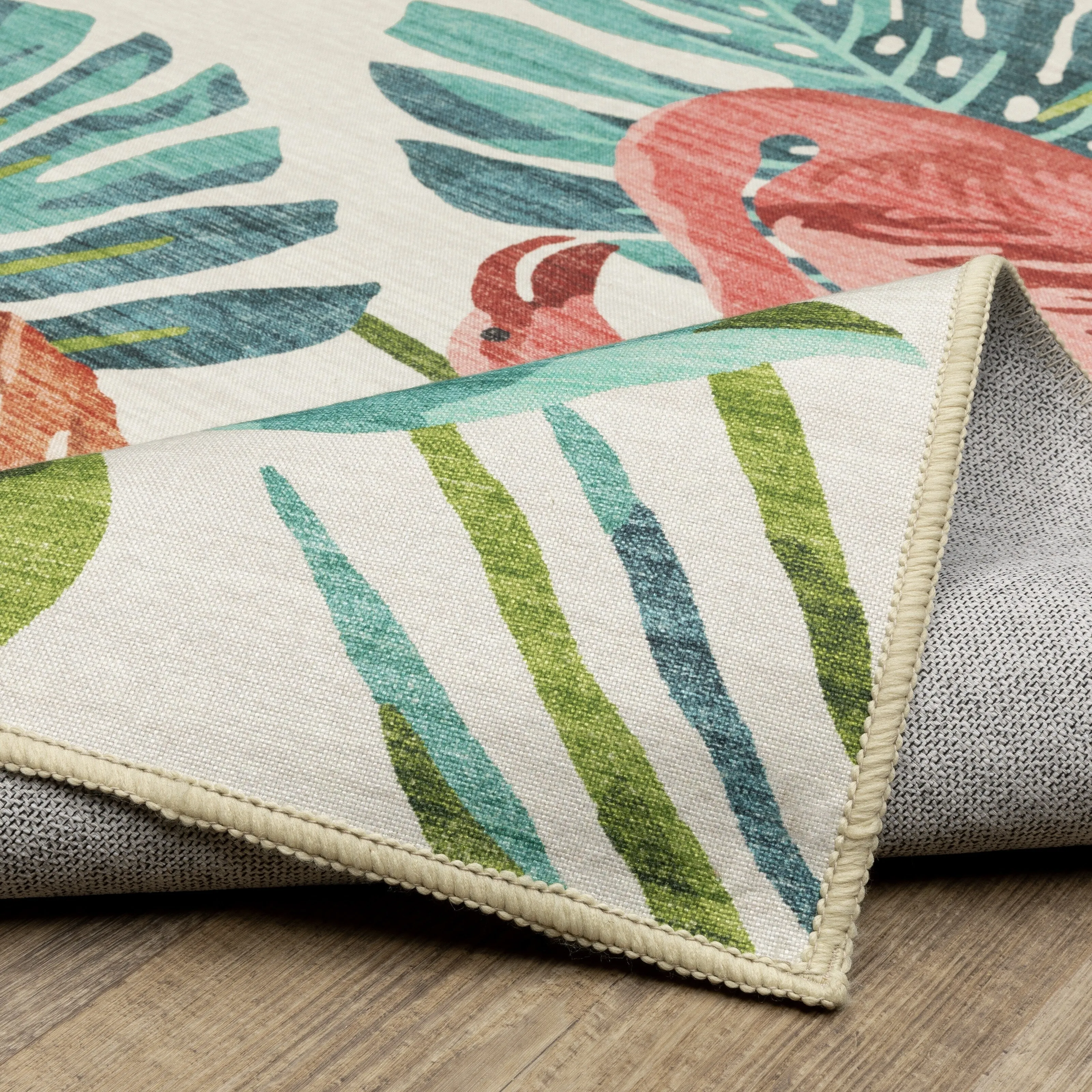 Style Haven Flores Flamingo Palms Salmon/Blue Indoor-Outdoor Washable Rug