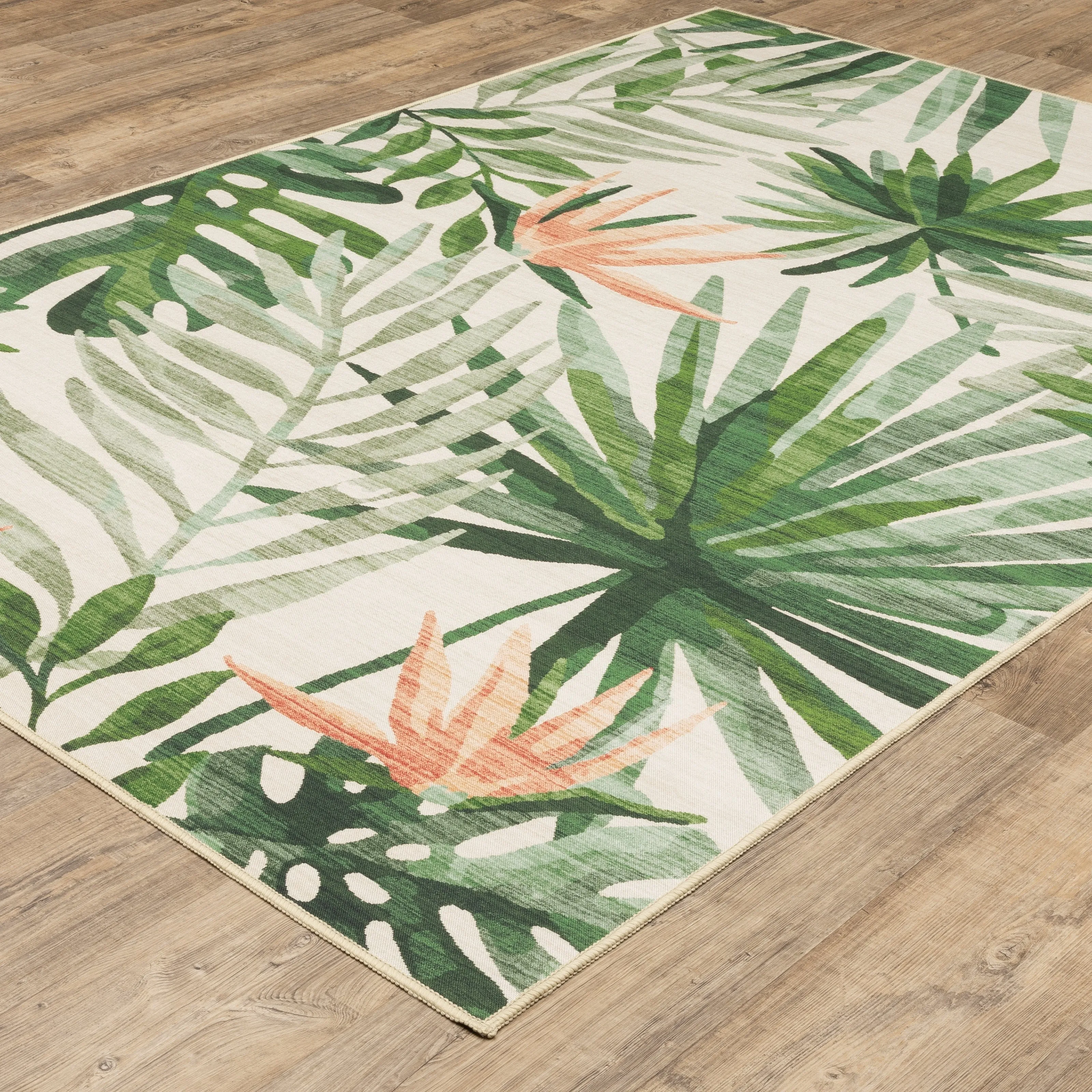 Style Haven Flores Tropical Palms Beige/Green Indoor-Outdoor Washable Rug