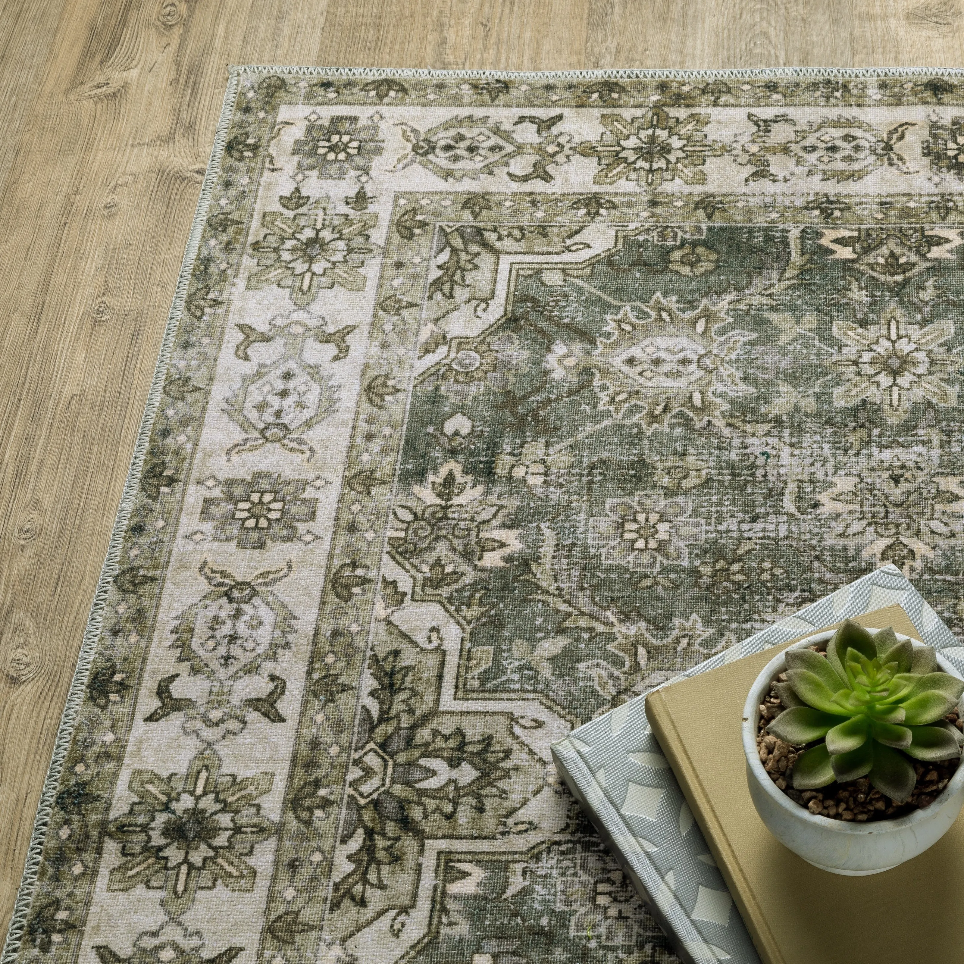 Style Haven Marissa Washable Vintage Oriental Olive/ Beige Area Rug Mat