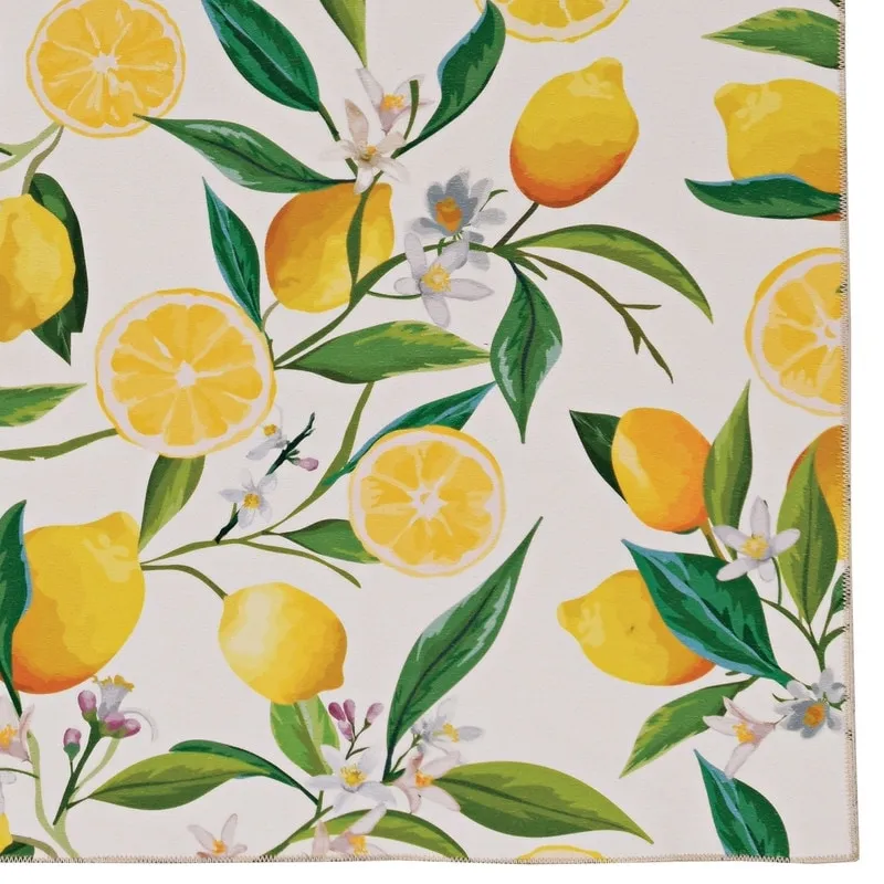 Sumner Machine Washable Ivory and Yellow Lemon Branch Rug