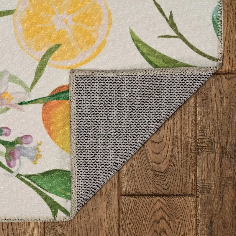 Sumner Machine Washable Ivory and Yellow Lemon Branch Rug