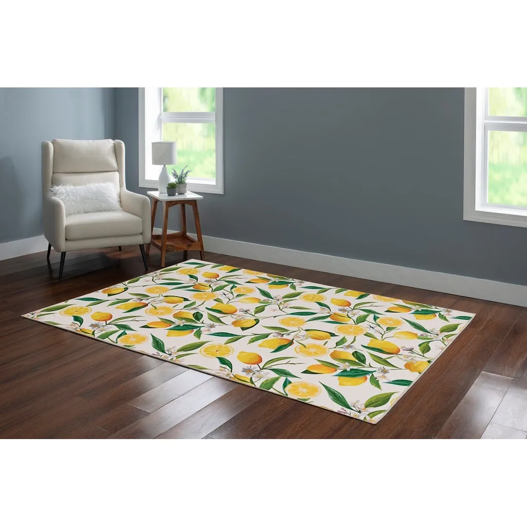 Sumner Machine Washable Ivory and Yellow Lemon Branch Rug