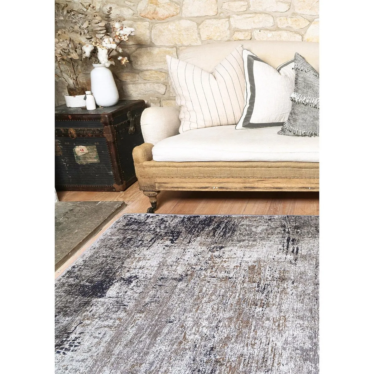 The Rug Collective Abstract Border Echo Blue Grey - Machine Washable Area Rug