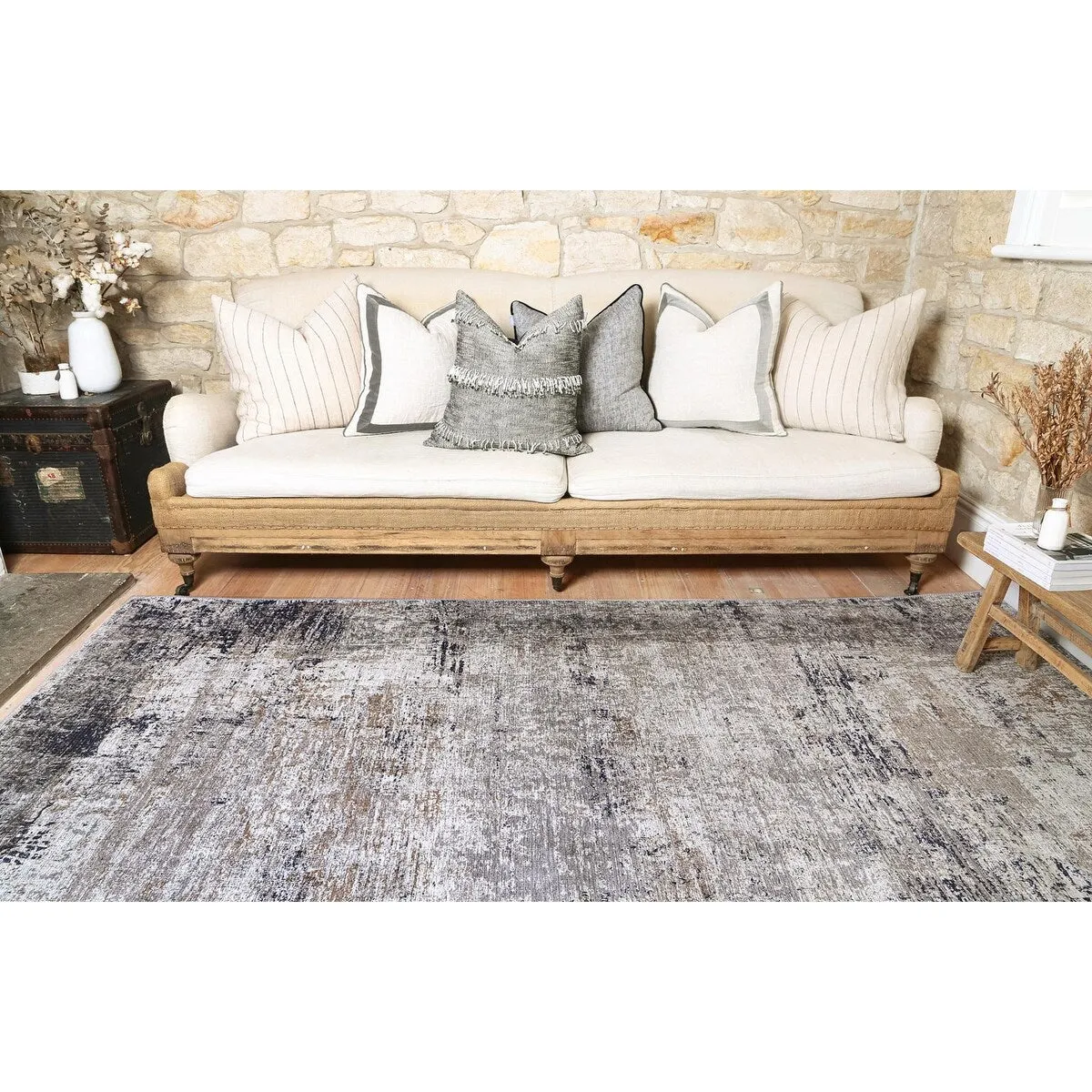 The Rug Collective Abstract Border Echo Blue Grey - Machine Washable Area Rug