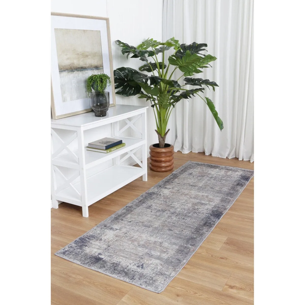 The Rug Collective Abstract Border Echo Blue Grey - Machine Washable Area Rug
