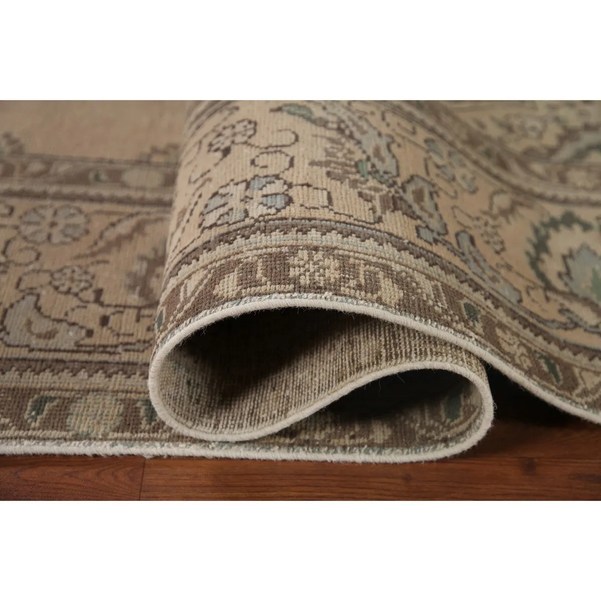 Traditional Distressed Tabriz Persian Vintage Rug Beige Wool Carpet - 9'5 x 12'3