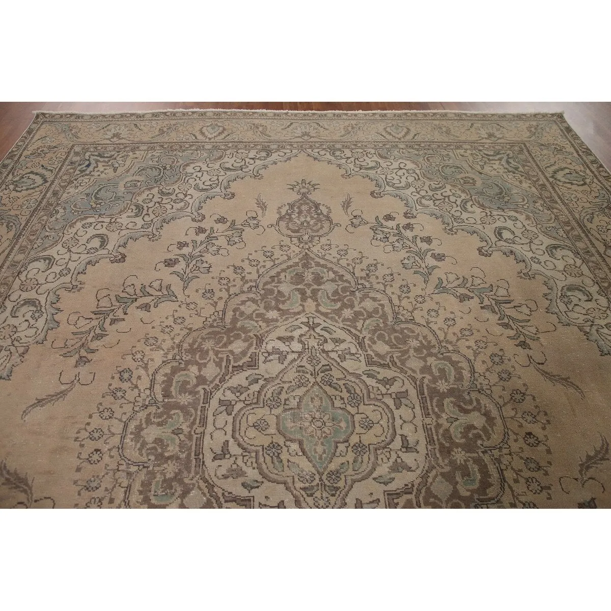 Traditional Distressed Tabriz Persian Vintage Rug Beige Wool Carpet - 9'5 x 12'3