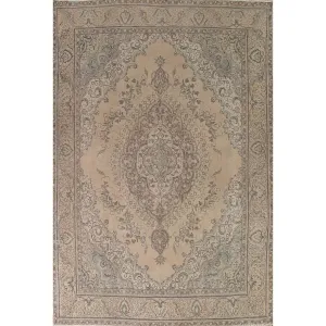 Traditional Distressed Tabriz Persian Vintage Rug Beige Wool Carpet - 9'5 x 12'3