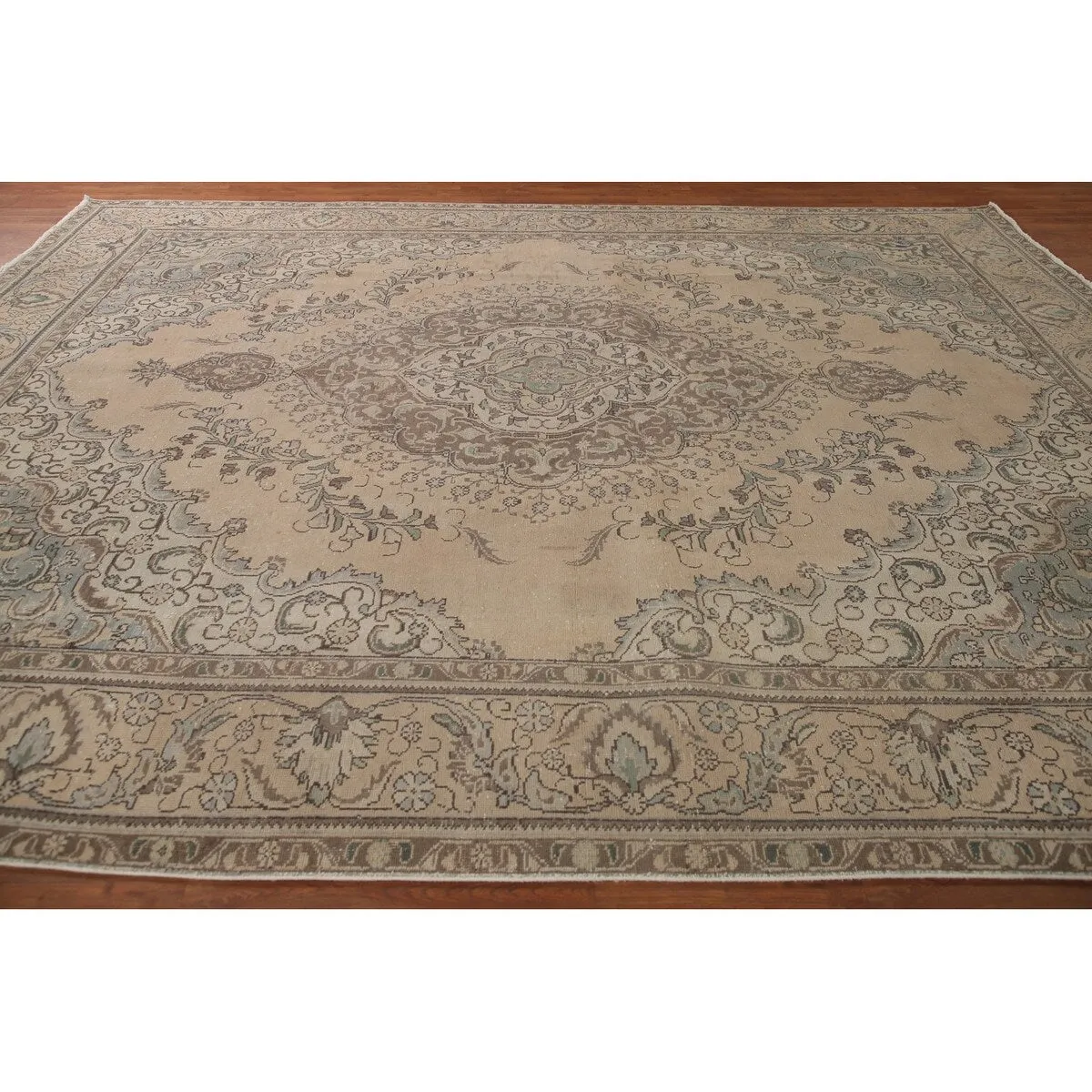 Traditional Distressed Tabriz Persian Vintage Rug Beige Wool Carpet - 9'5 x 12'3