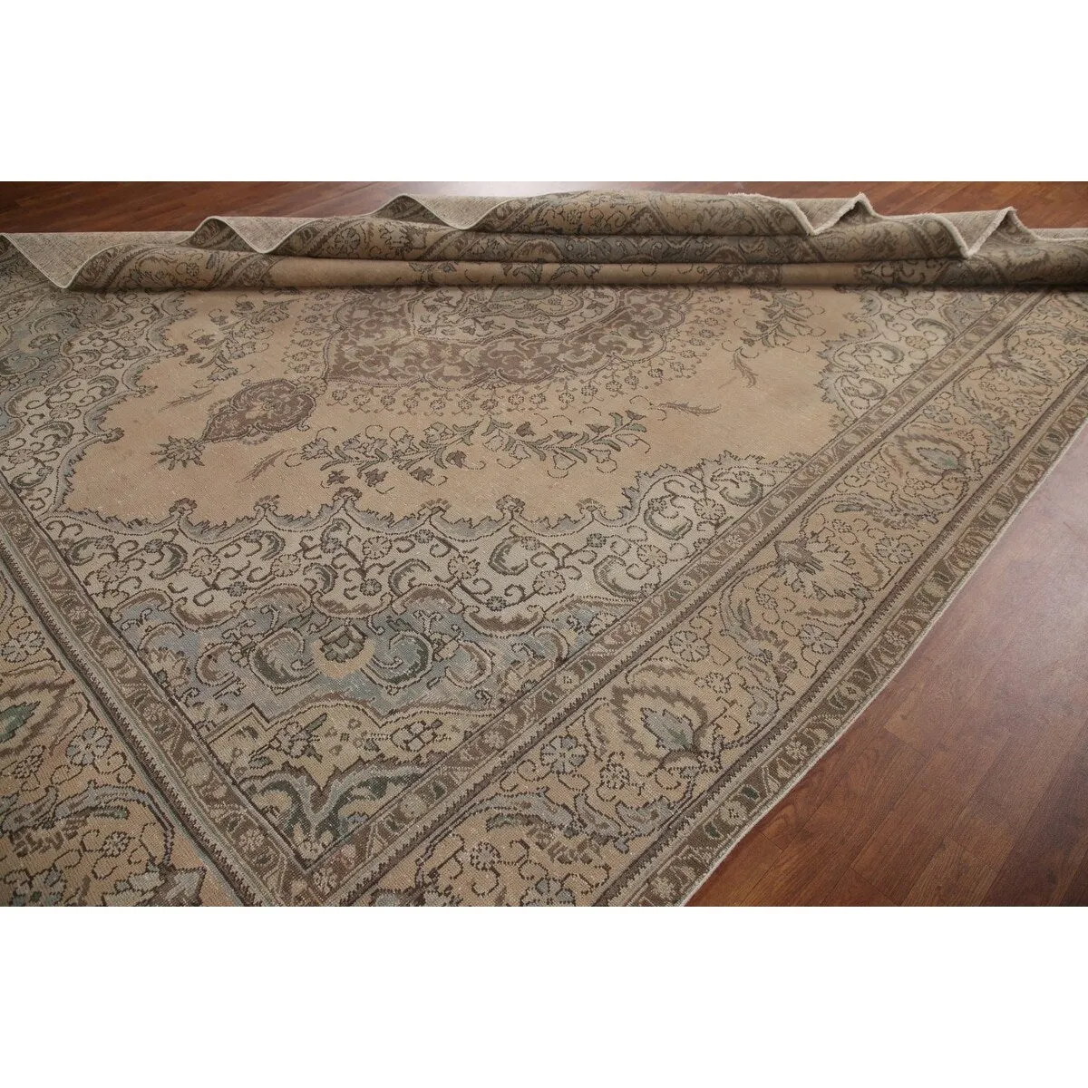 Traditional Distressed Tabriz Persian Vintage Rug Beige Wool Carpet - 9'5 x 12'3
