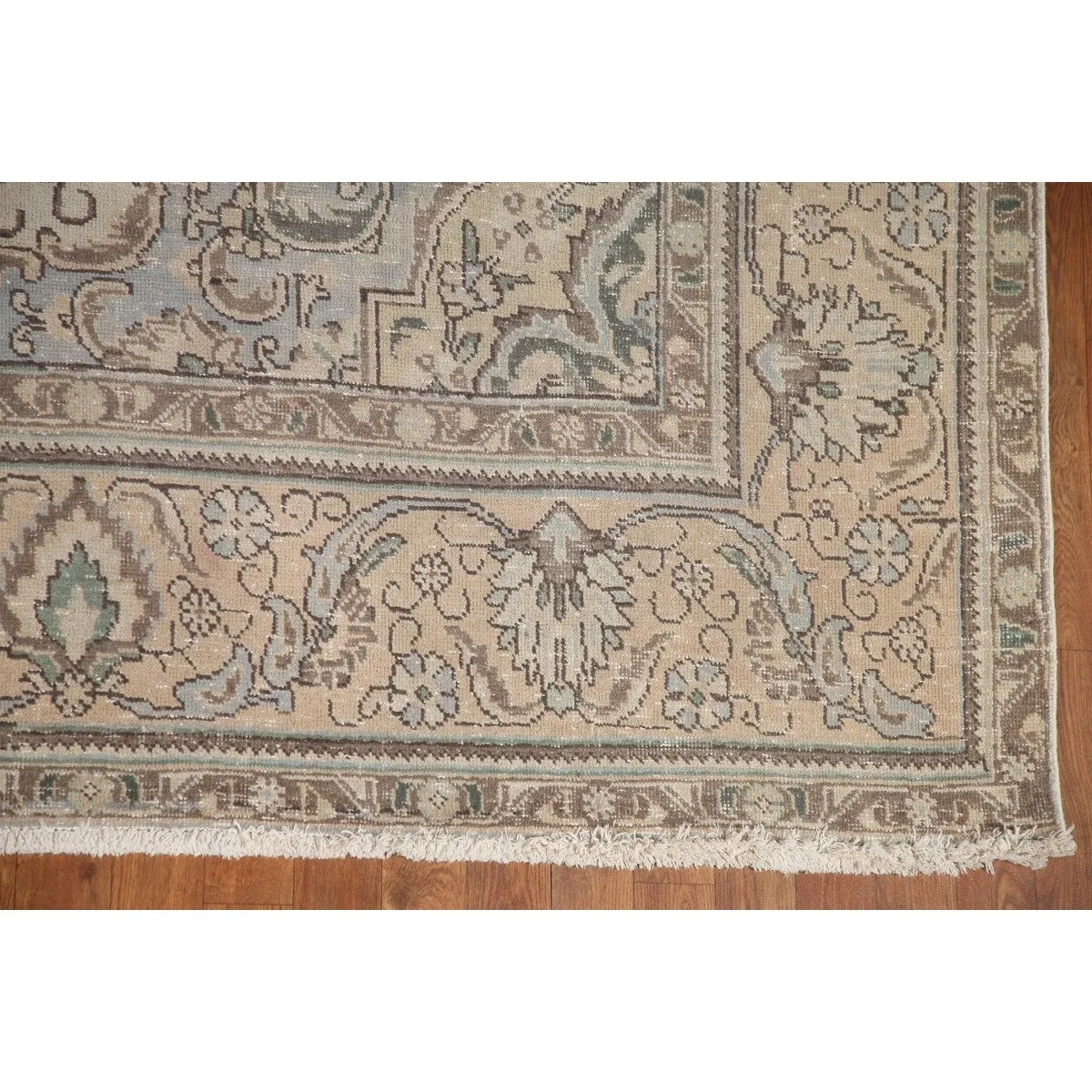 Traditional Distressed Tabriz Persian Vintage Rug Beige Wool Carpet - 9'5 x 12'3