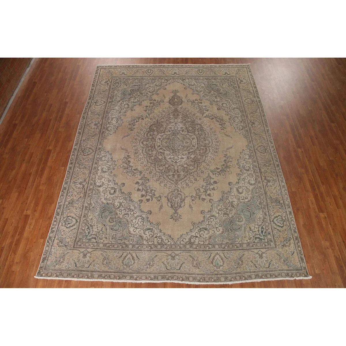 Traditional Distressed Tabriz Persian Vintage Rug Beige Wool Carpet - 9'5 x 12'3