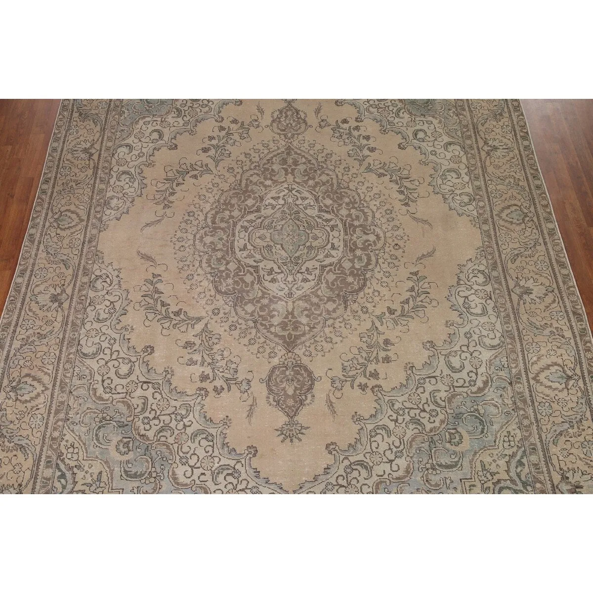 Traditional Distressed Tabriz Persian Vintage Rug Beige Wool Carpet - 9'5 x 12'3