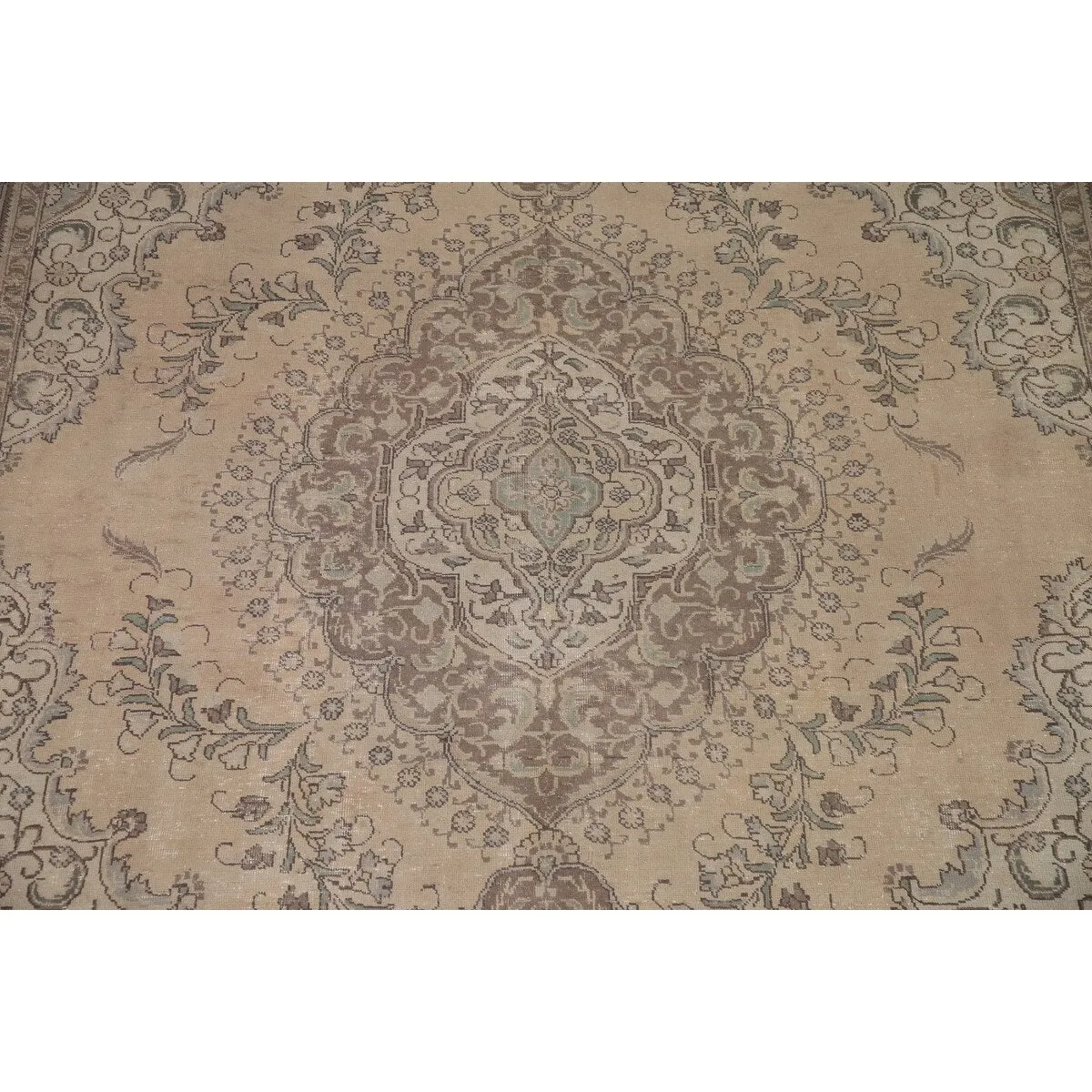 Traditional Distressed Tabriz Persian Vintage Rug Beige Wool Carpet - 9'5 x 12'3