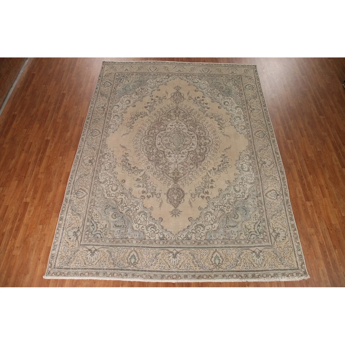 Traditional Distressed Tabriz Persian Vintage Rug Beige Wool Carpet - 9'5 x 12'3