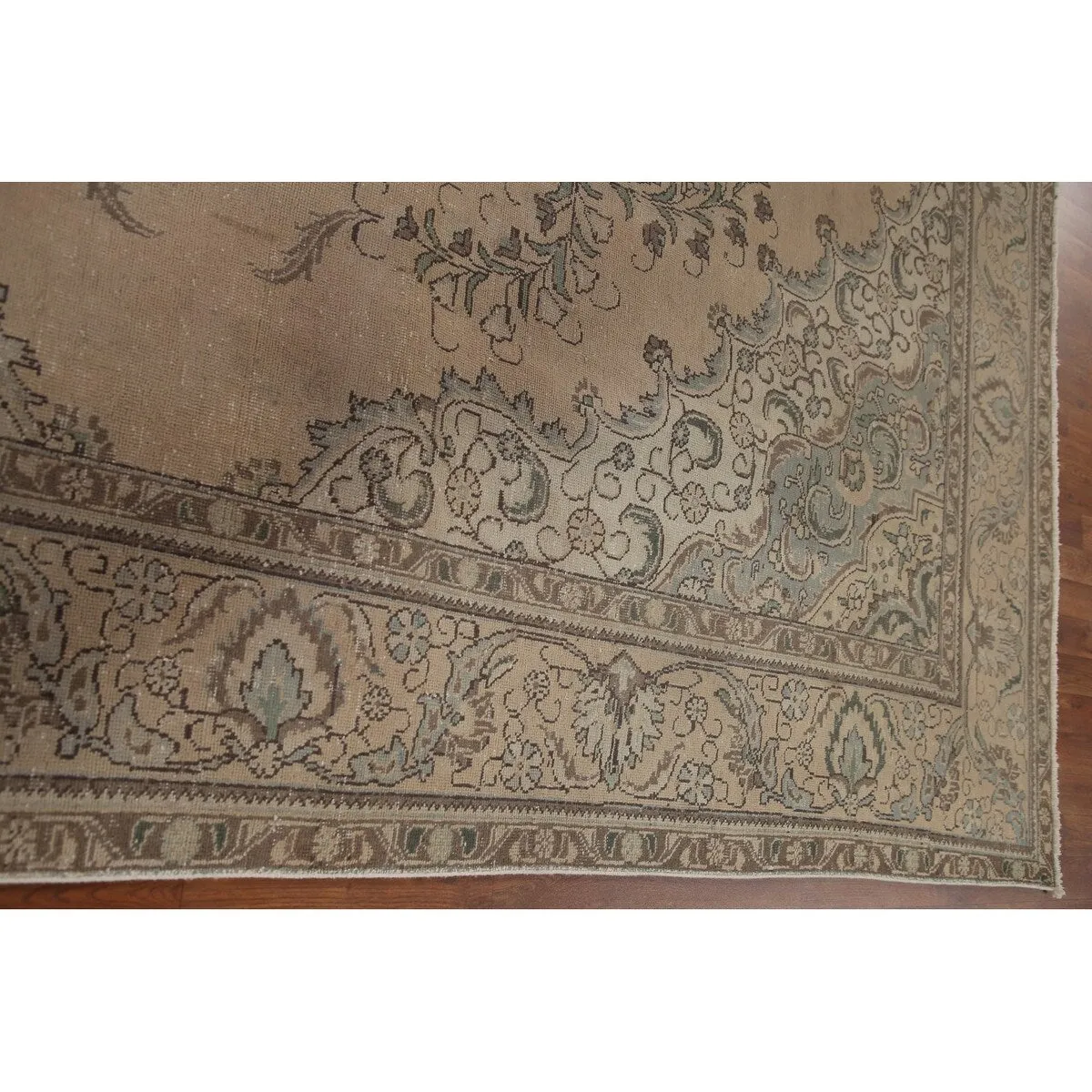 Traditional Distressed Tabriz Persian Vintage Rug Beige Wool Carpet - 9'5 x 12'3