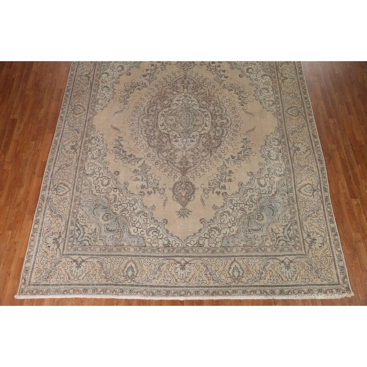 Traditional Distressed Tabriz Persian Vintage Rug Beige Wool Carpet - 9'5 x 12'3