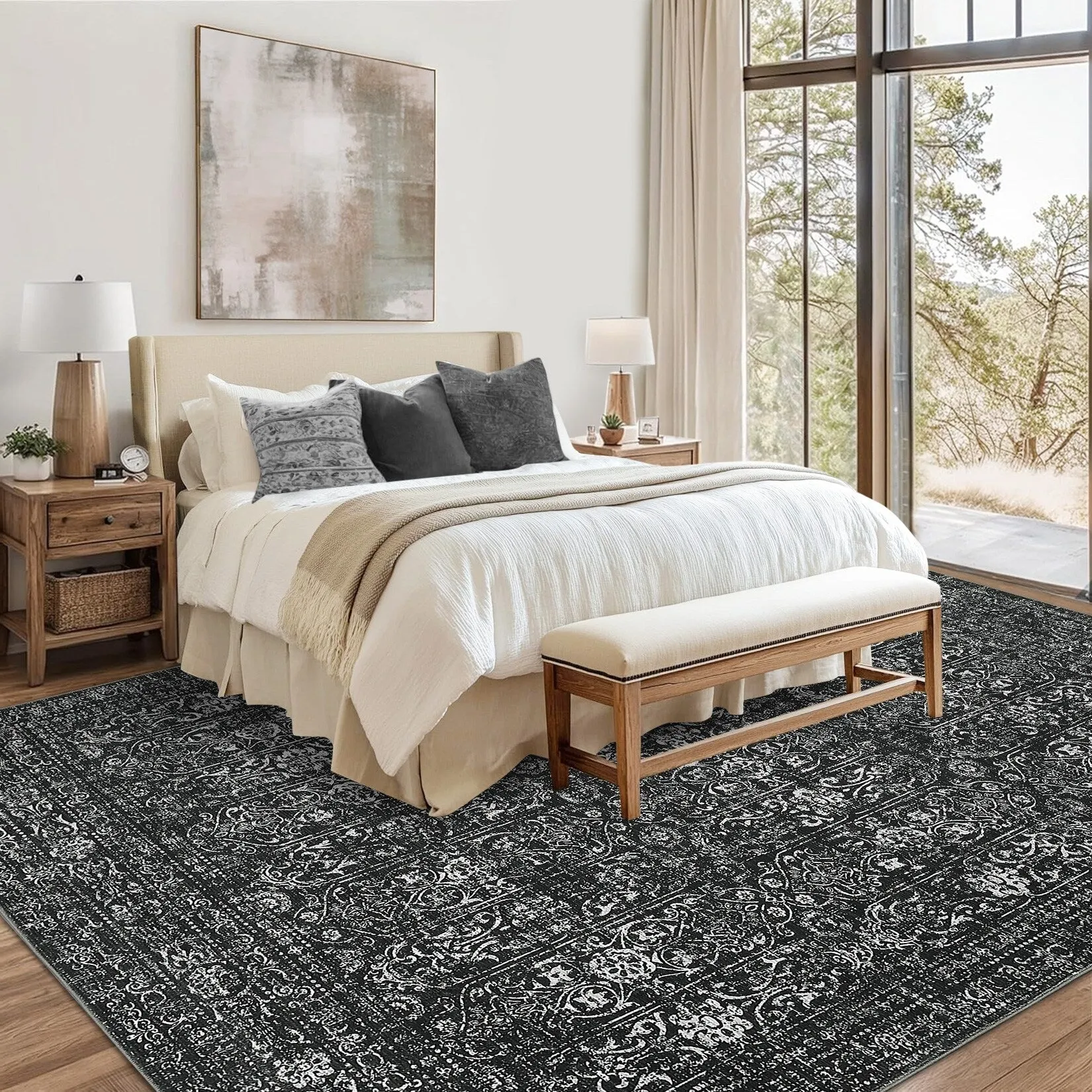 Vintage Area Rug Washable Rug Floral Living Room Rugs Non Slip Low Pile Throw Rugs