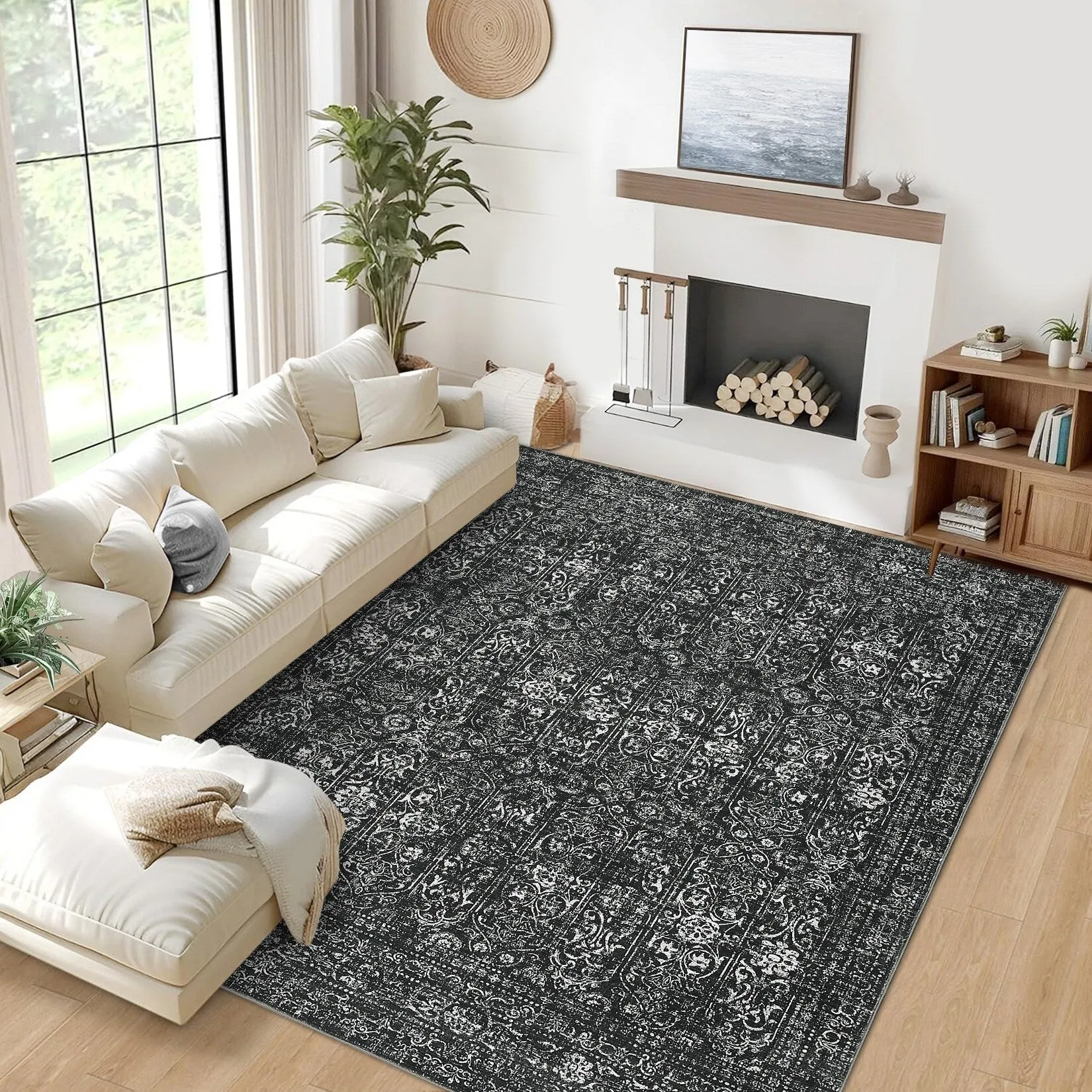 Vintage Area Rug Washable Rug Floral Living Room Rugs Non Slip Low Pile Throw Rugs