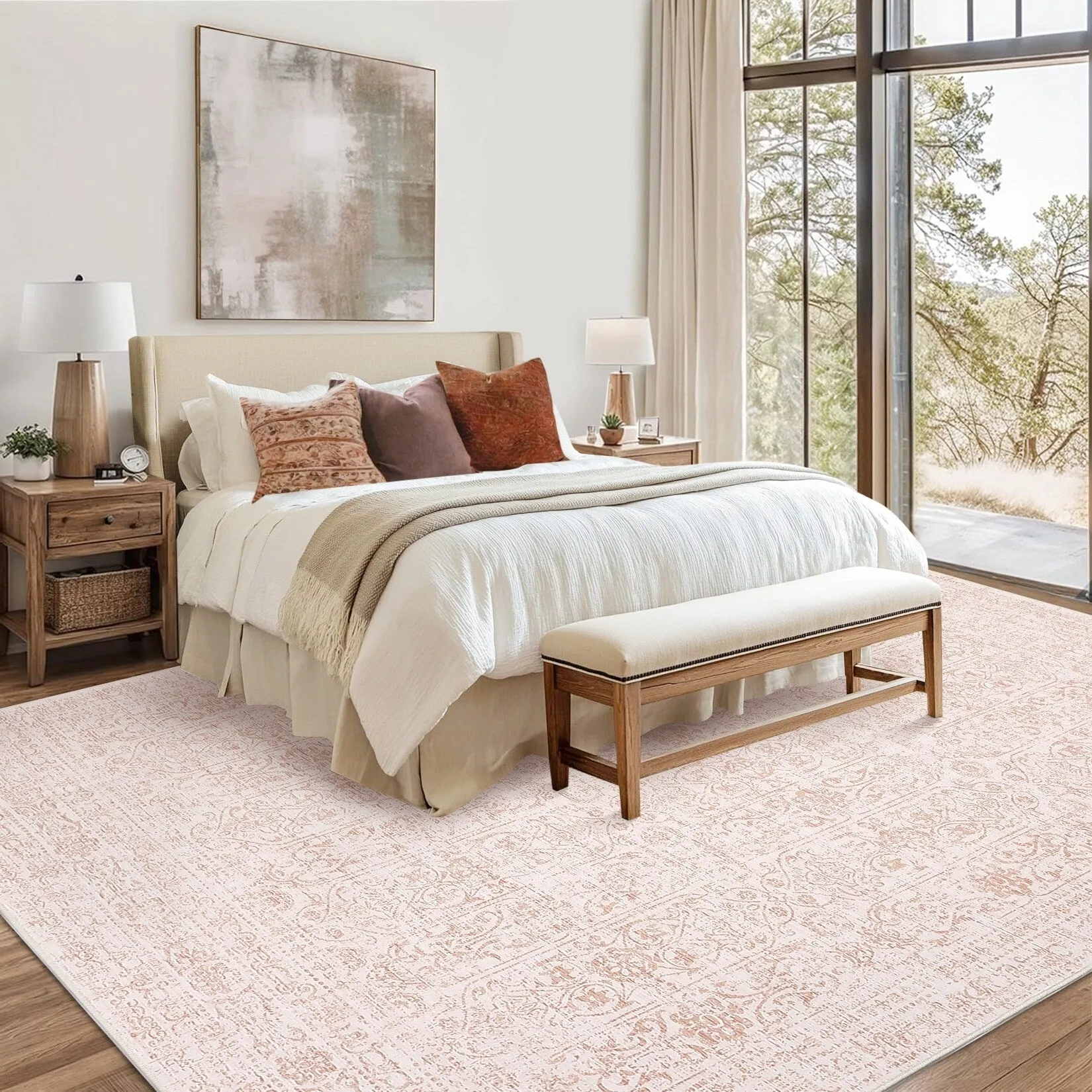 Vintage Area Rug Washable Rug Floral Living Room Rugs Non Slip Low Pile Throw Rugs