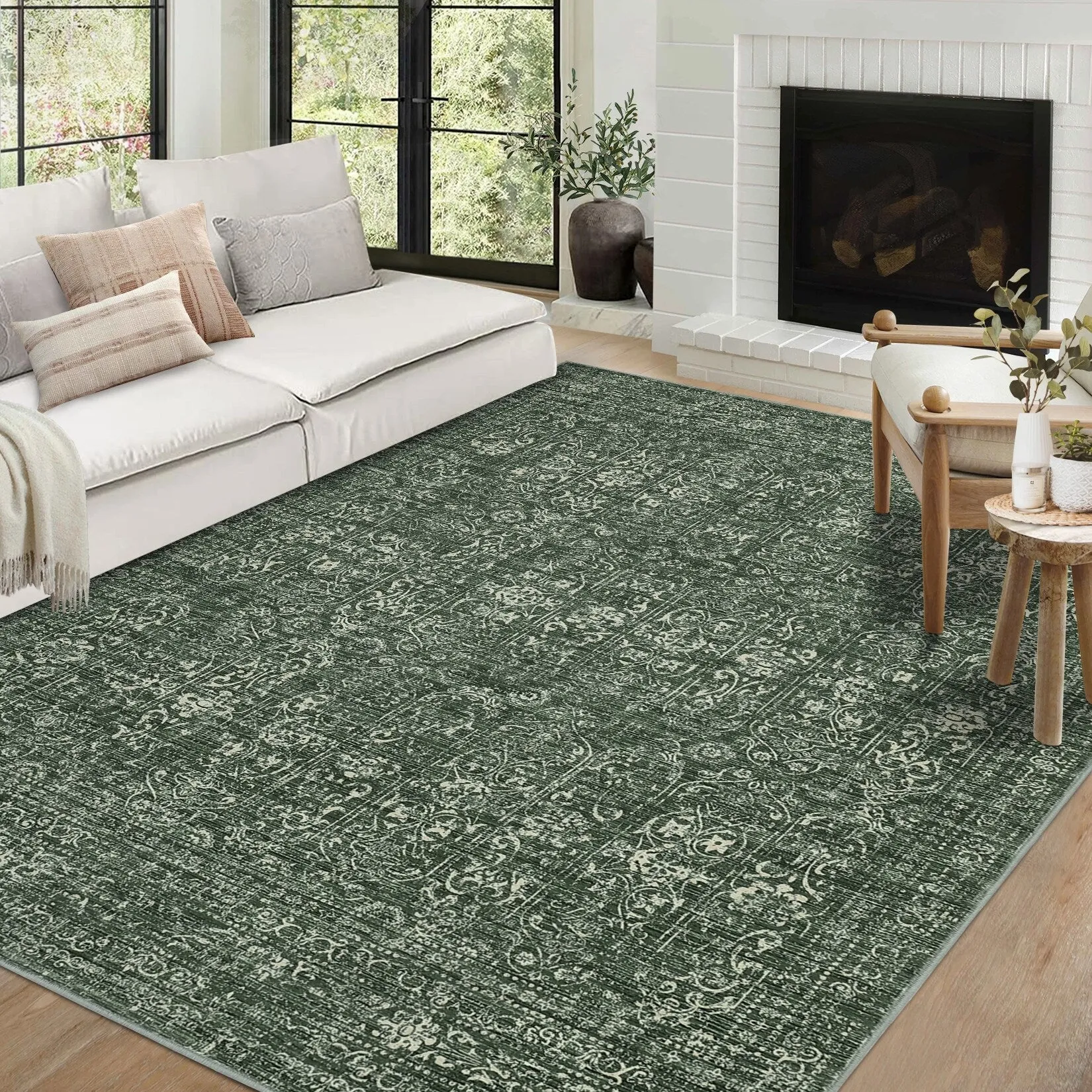 Vintage Area Rug Washable Rug Floral Living Room Rugs Non Slip Low Pile Throw Rugs
