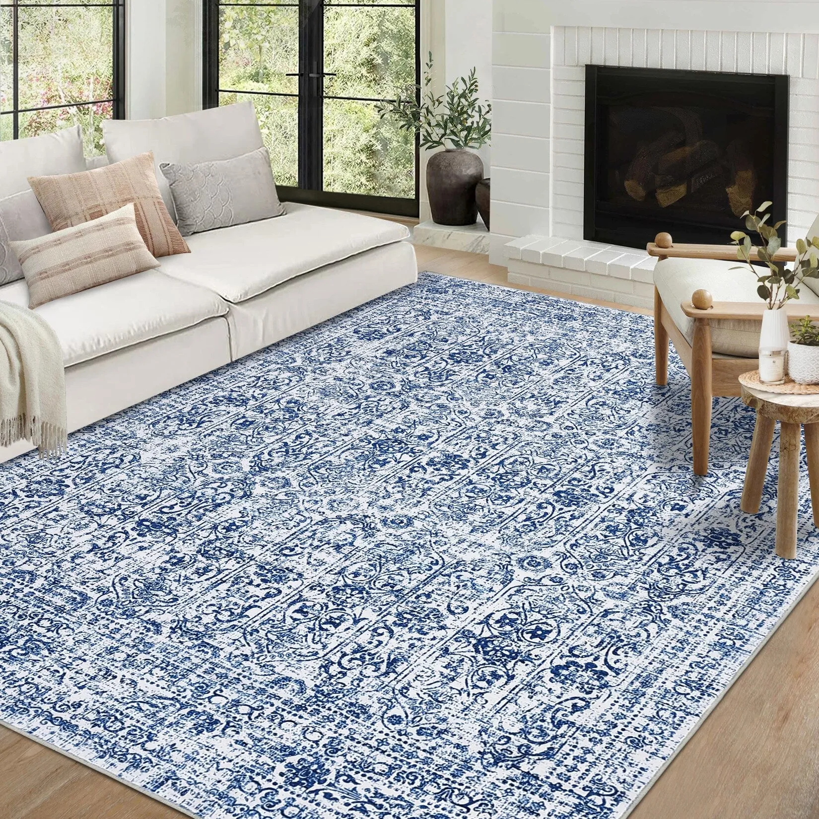 Vintage Area Rug Washable Rug Floral Living Room Rugs Non Slip Low Pile Throw Rugs