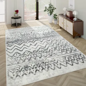 Vintage Rug For Living Room In Black White Cream - Modern Boho Design