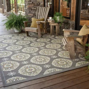 Vista Home Bar Harbour Grey/ Gold Floral Indoor/ Outdoor Area Rug