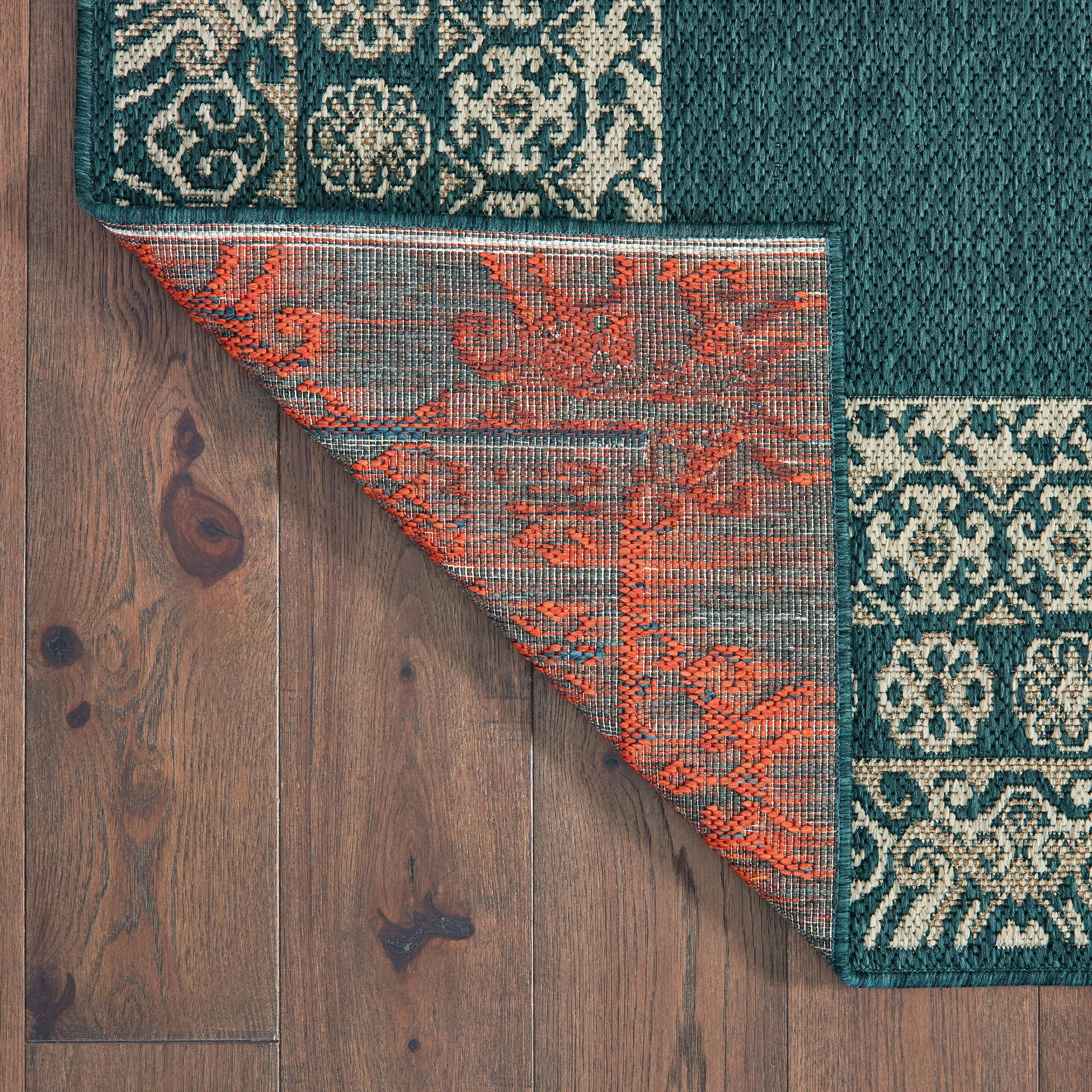 Vista Home Higgins Bordered Deep Blue-Green Grey Indoor/ Outdoor Rug
