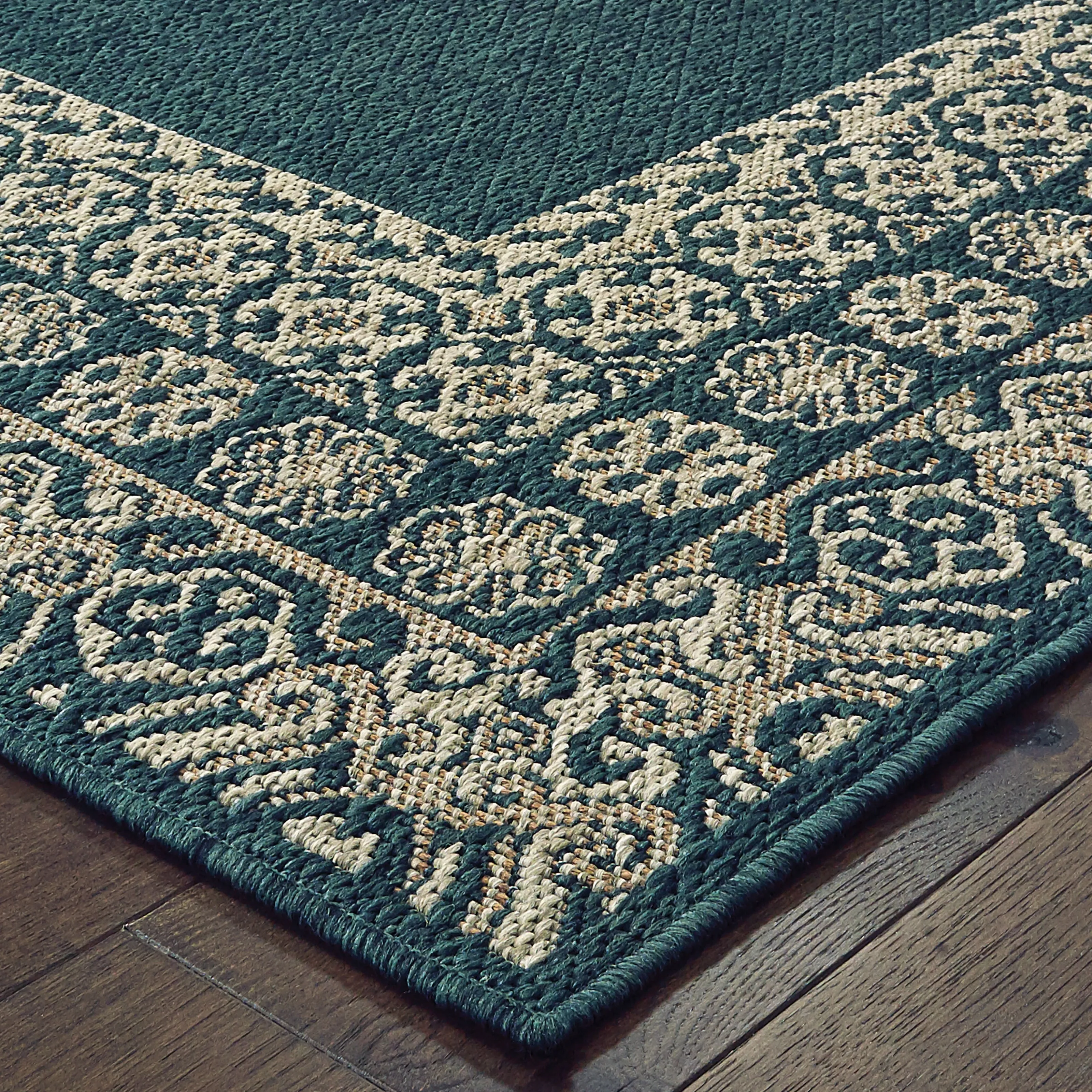 Vista Home Higgins Bordered Deep Blue-Green Grey Indoor/ Outdoor Rug
