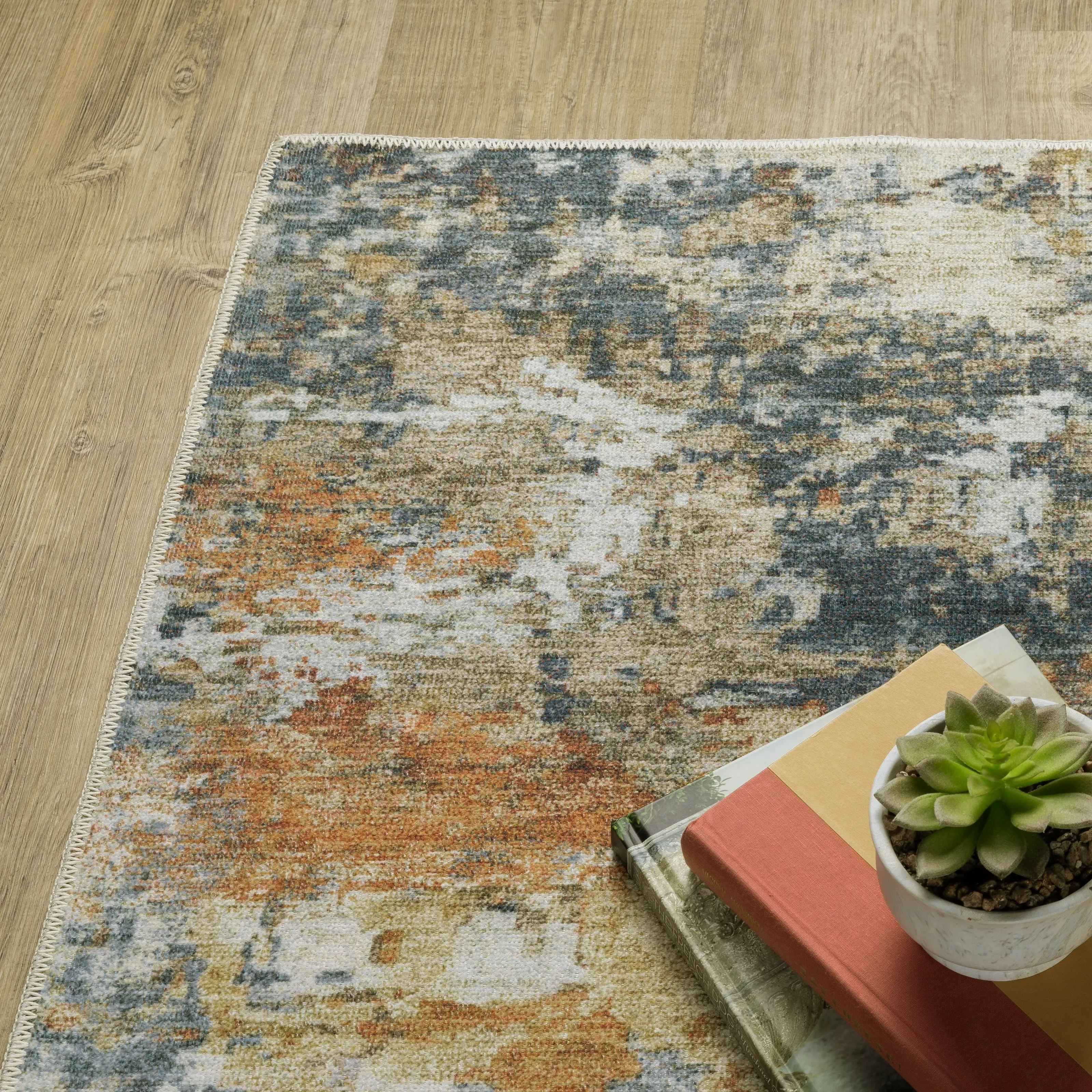 Vista Home Marissa Washable Contemporary Abstract Orange/ Blue Indoor Area Rug